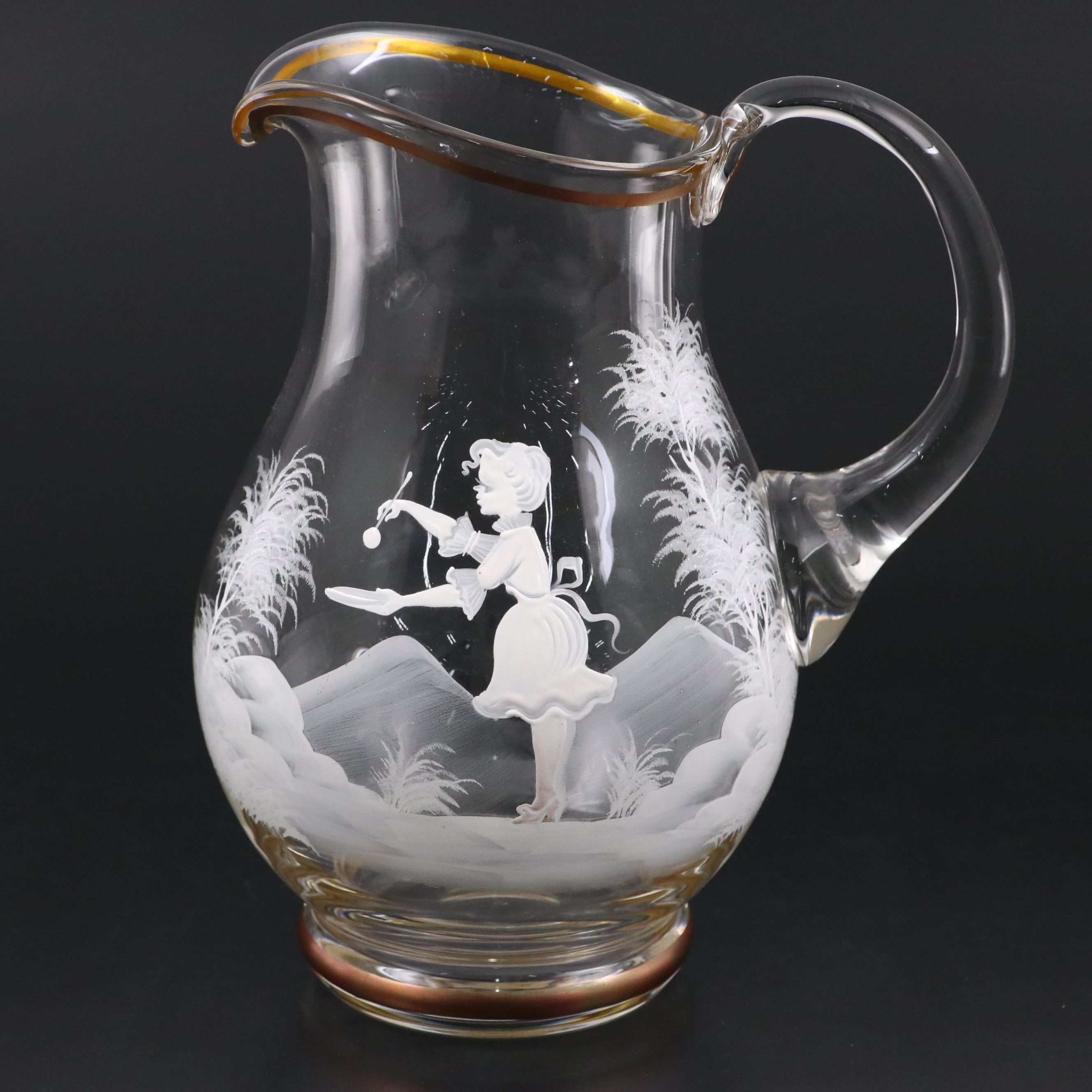 Mary Gregory Style Enameled Blown Glass Water Pitcher and Tumblers