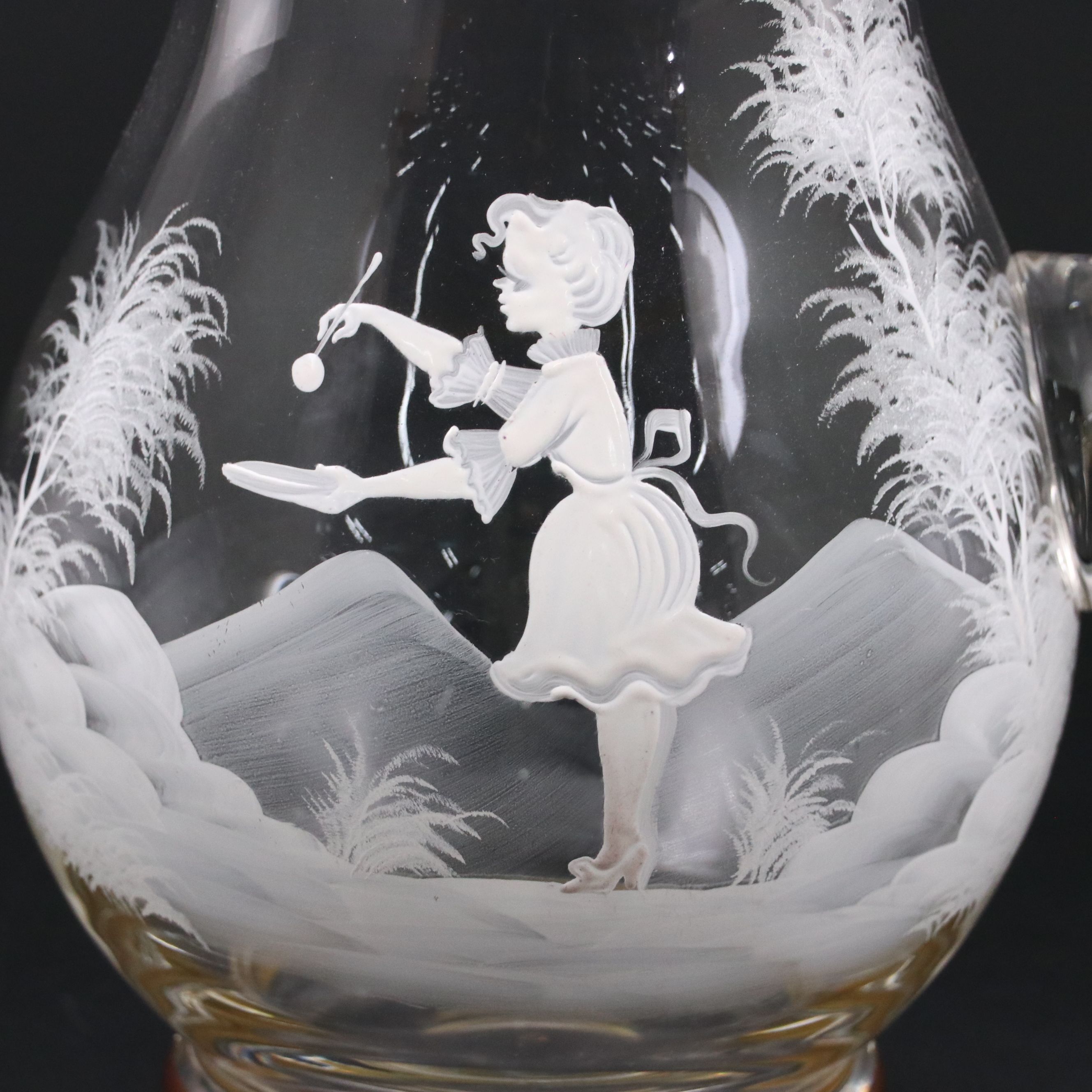 Mary Gregory Style Enameled Blown Glass Water Pitcher and Tumblers