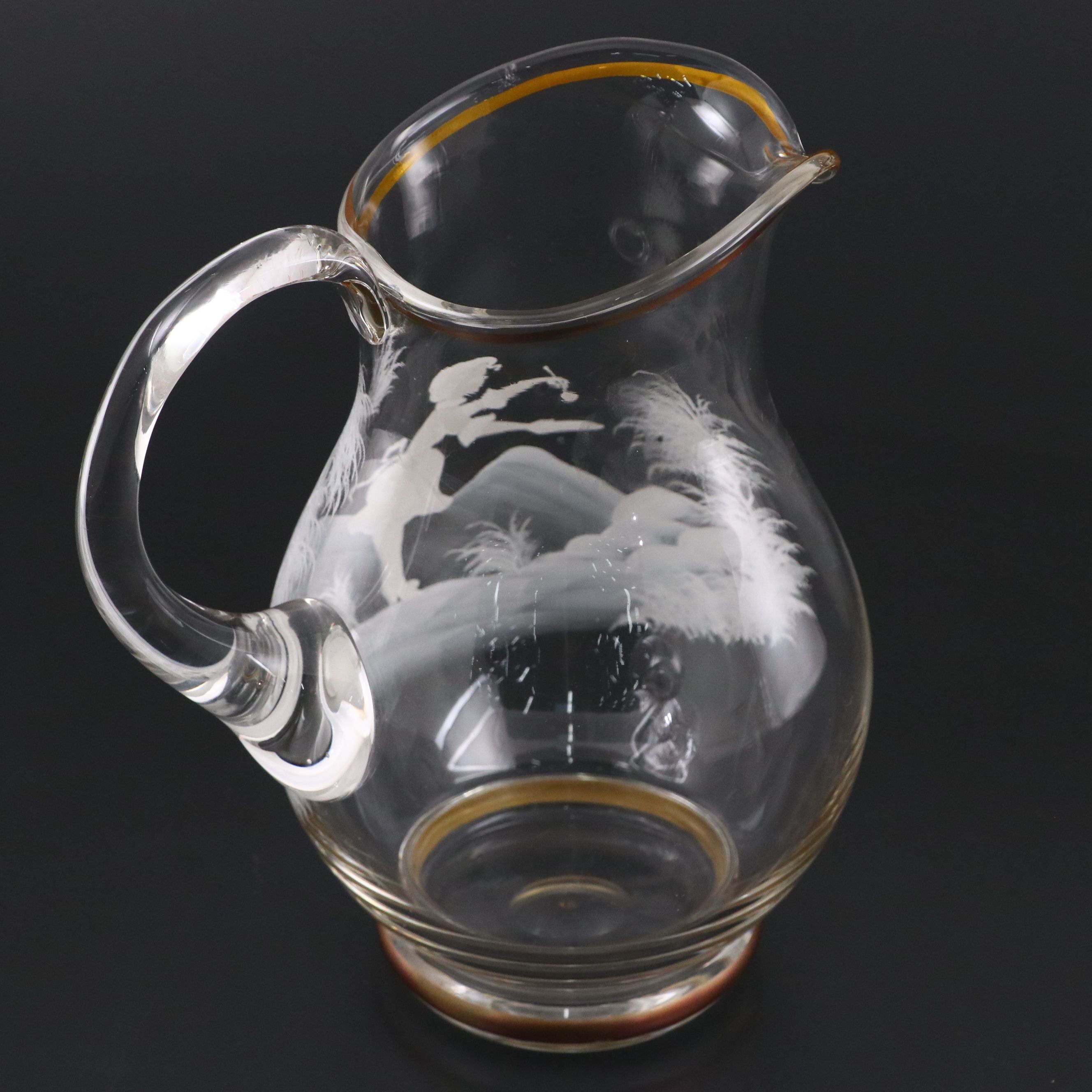 Mary Gregory Style Enameled Blown Glass Water Pitcher and Tumblers