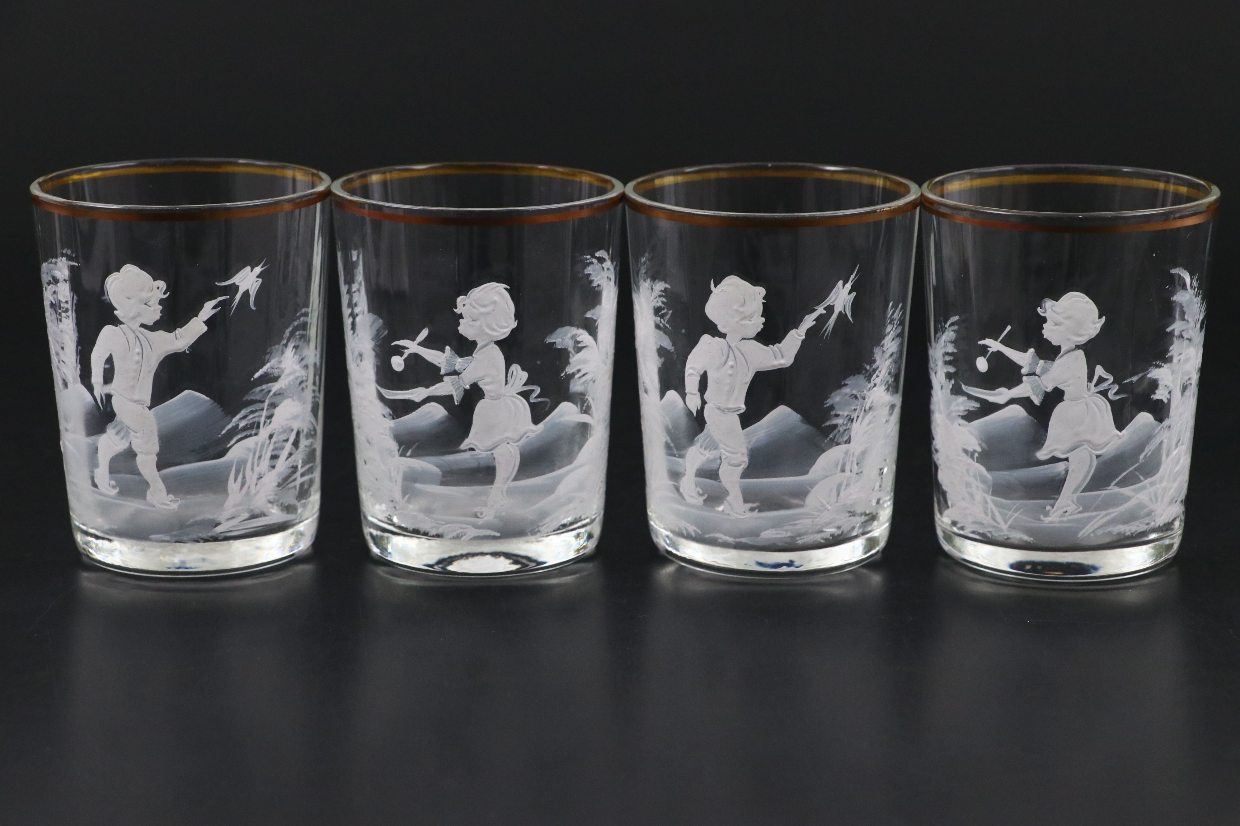 Mary Gregory Style Enameled Blown Glass Water Pitcher and Tumblers