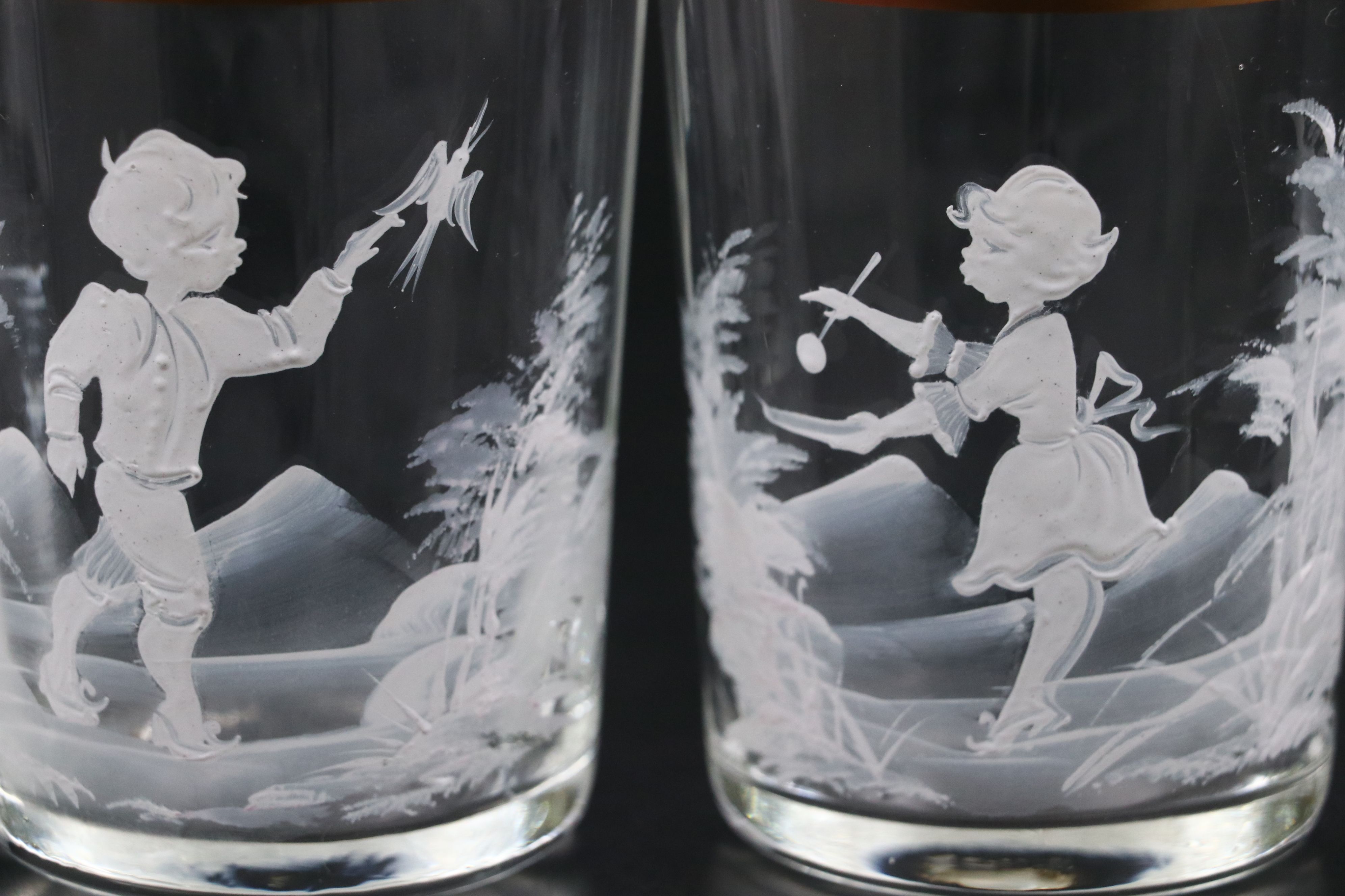 Mary Gregory Style Enameled Blown Glass Water Pitcher and Tumblers