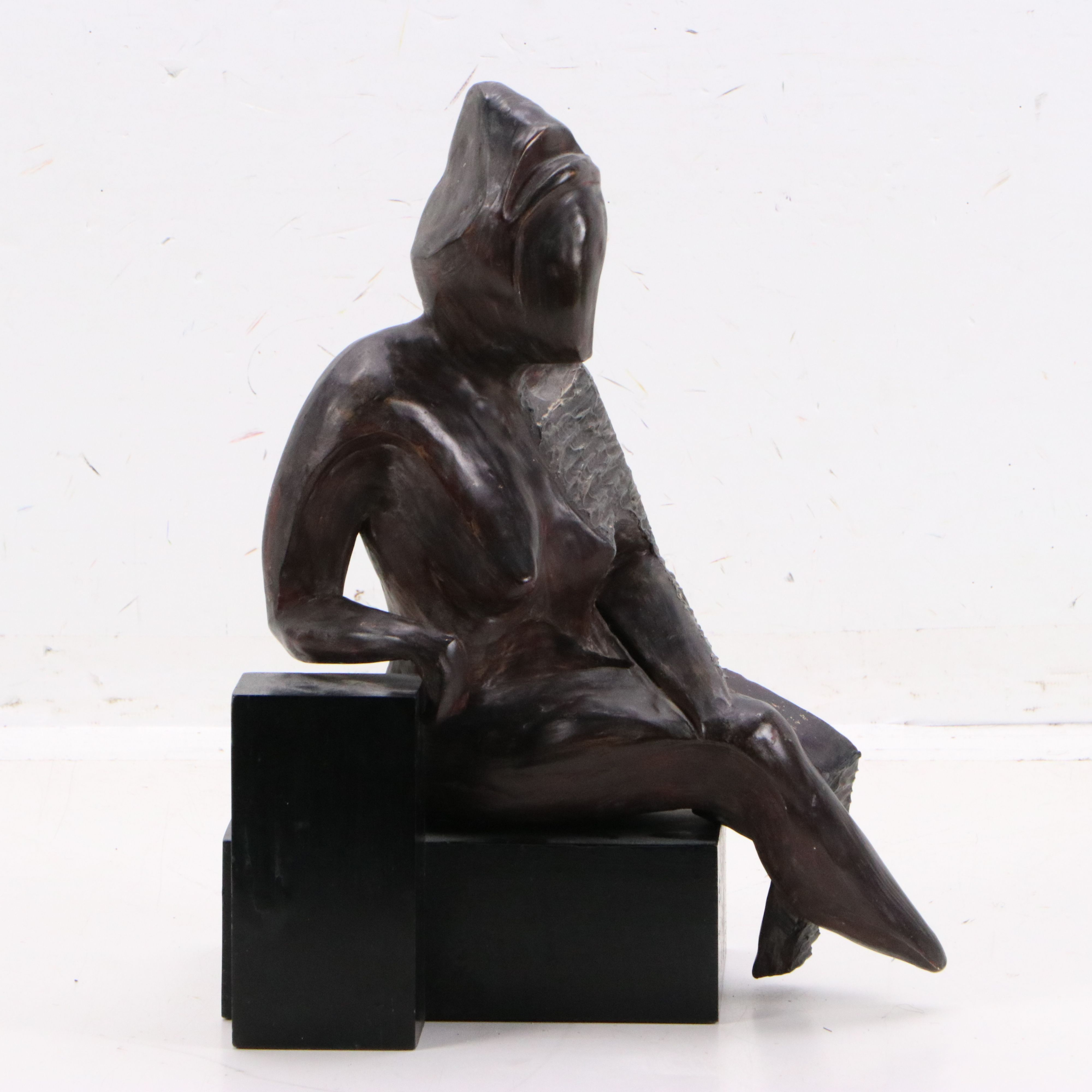 Painted Plaster Figure Sculpture on Wood Base