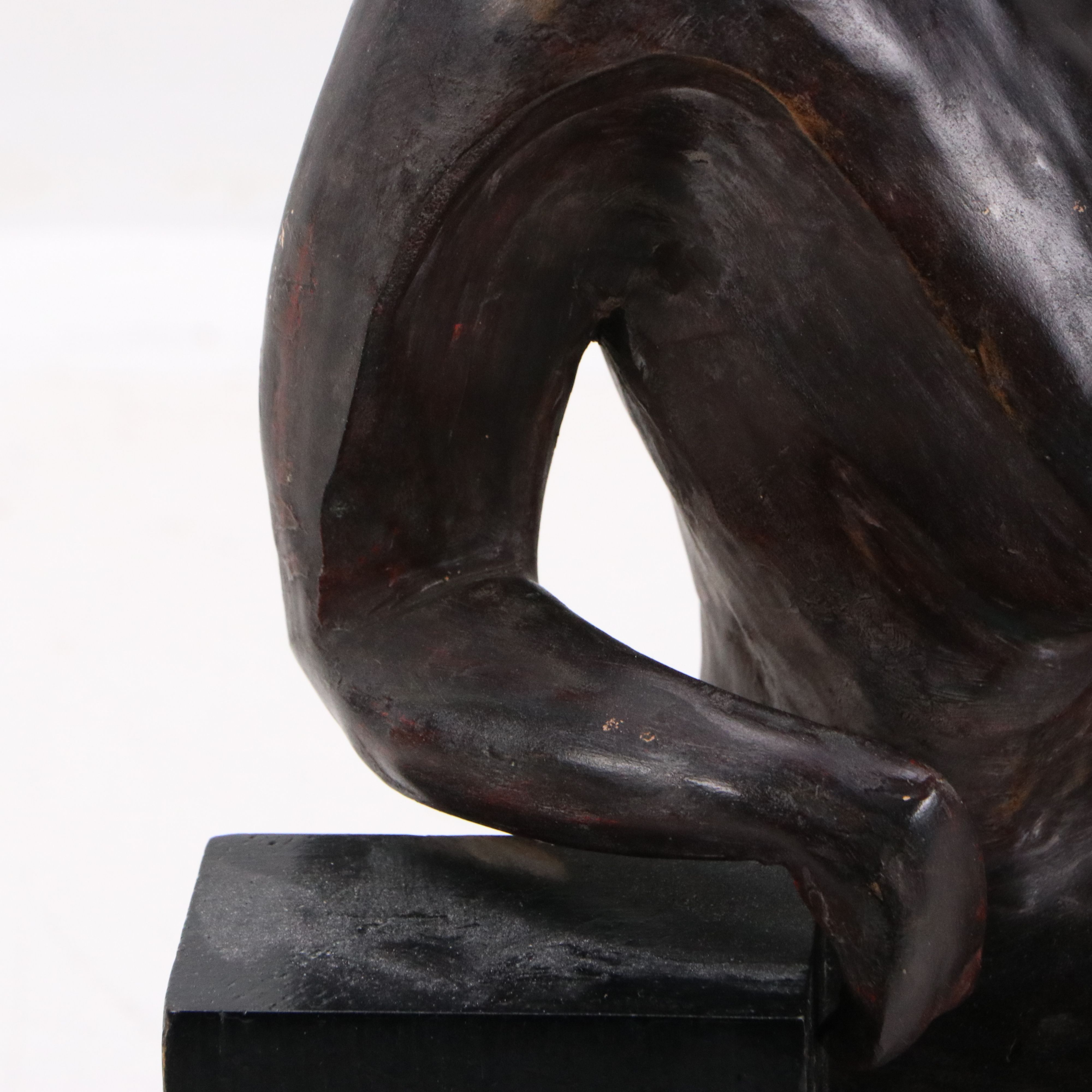 Painted Plaster Figure Sculpture on Wood Base