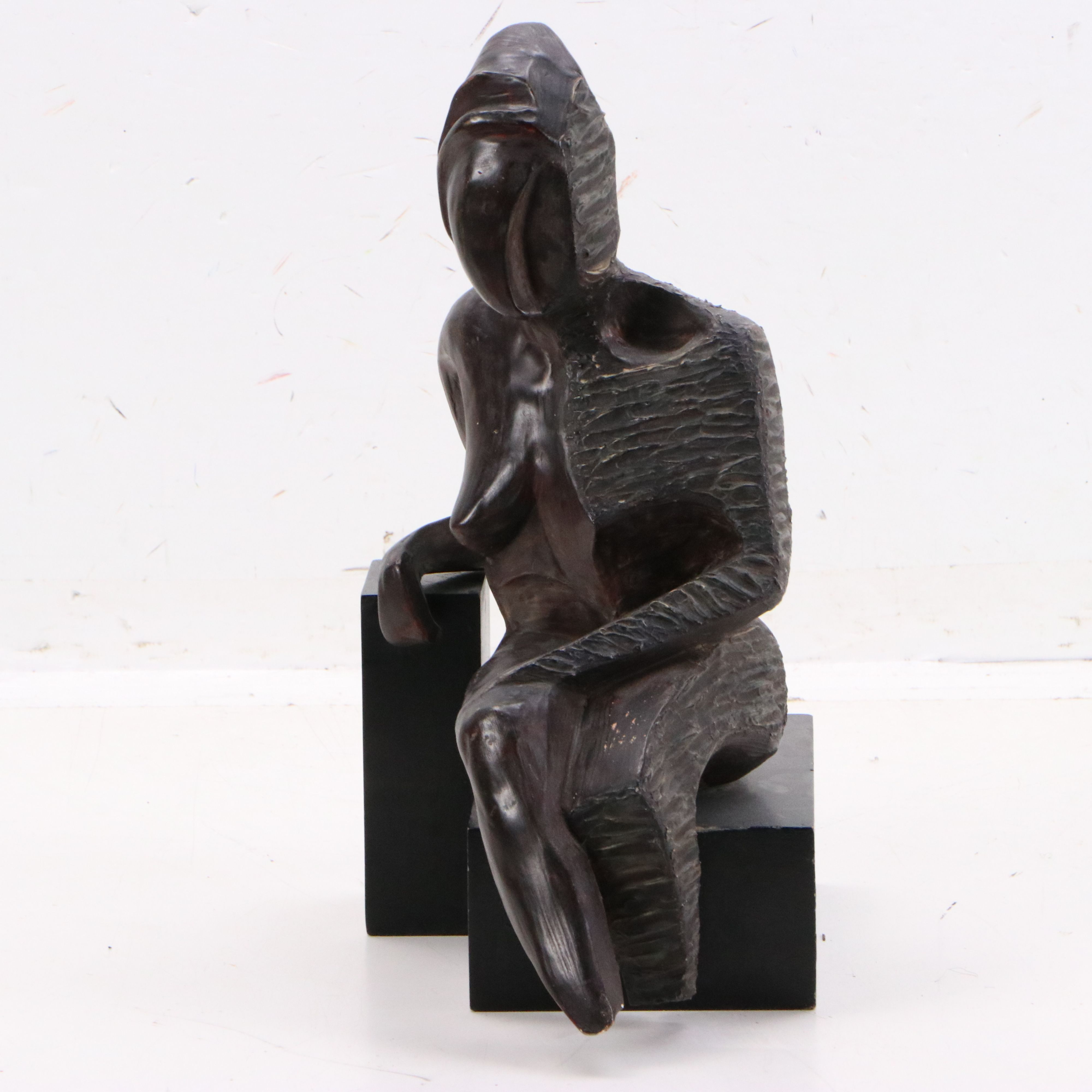 Painted Plaster Figure Sculpture on Wood Base