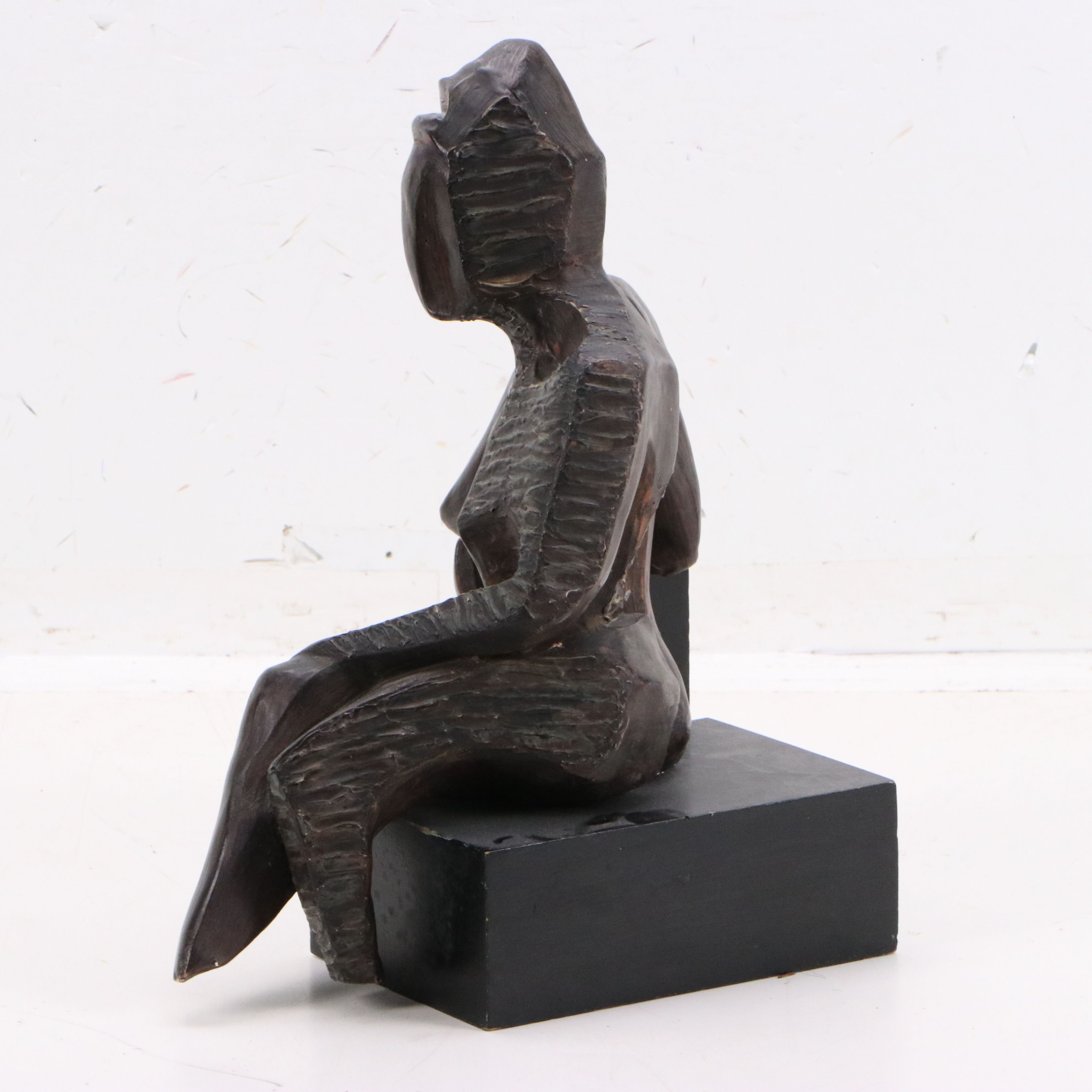 Painted Plaster Figure Sculpture on Wood Base