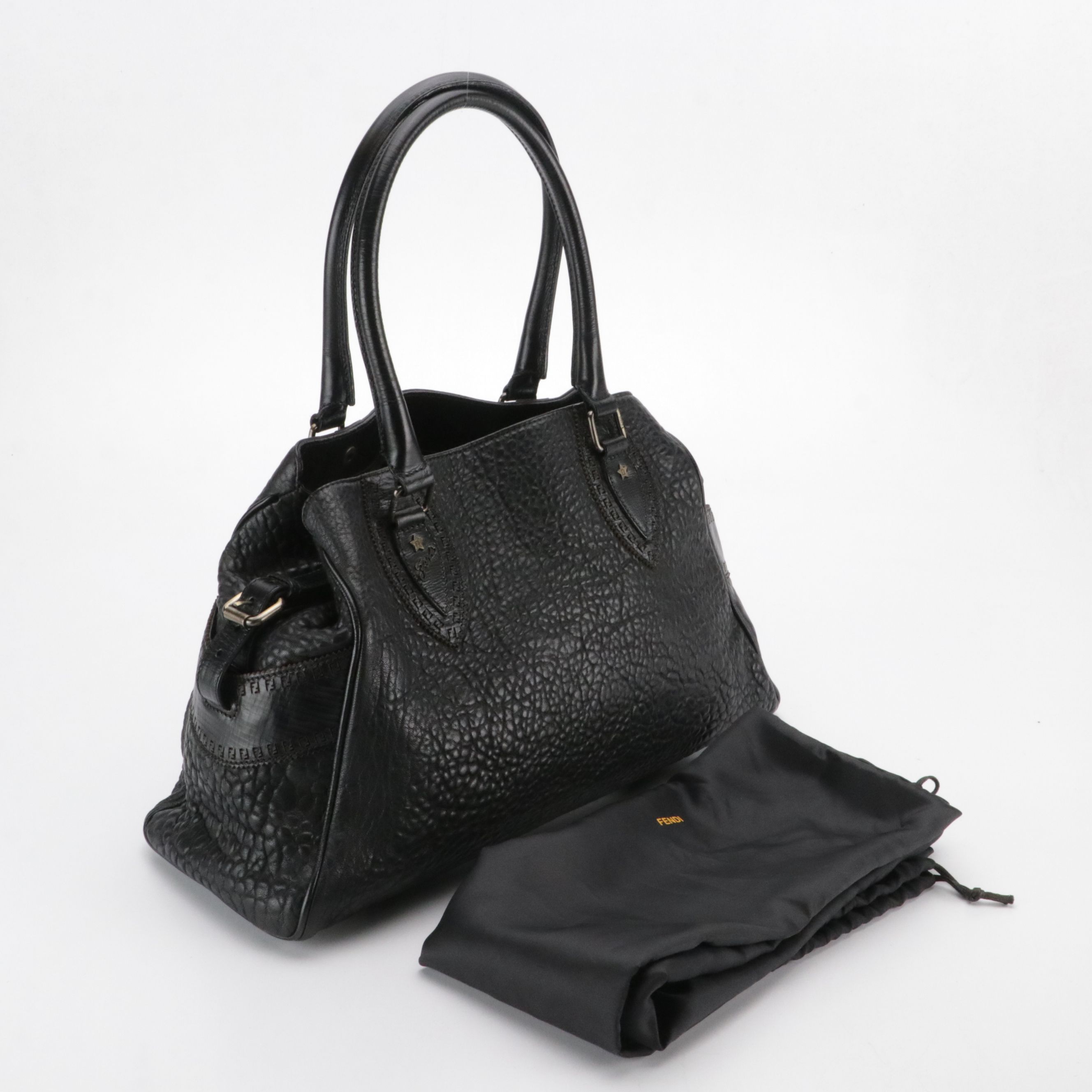Fendi Etniko de Jour Star Shoulder Bag in Black Grained Leather