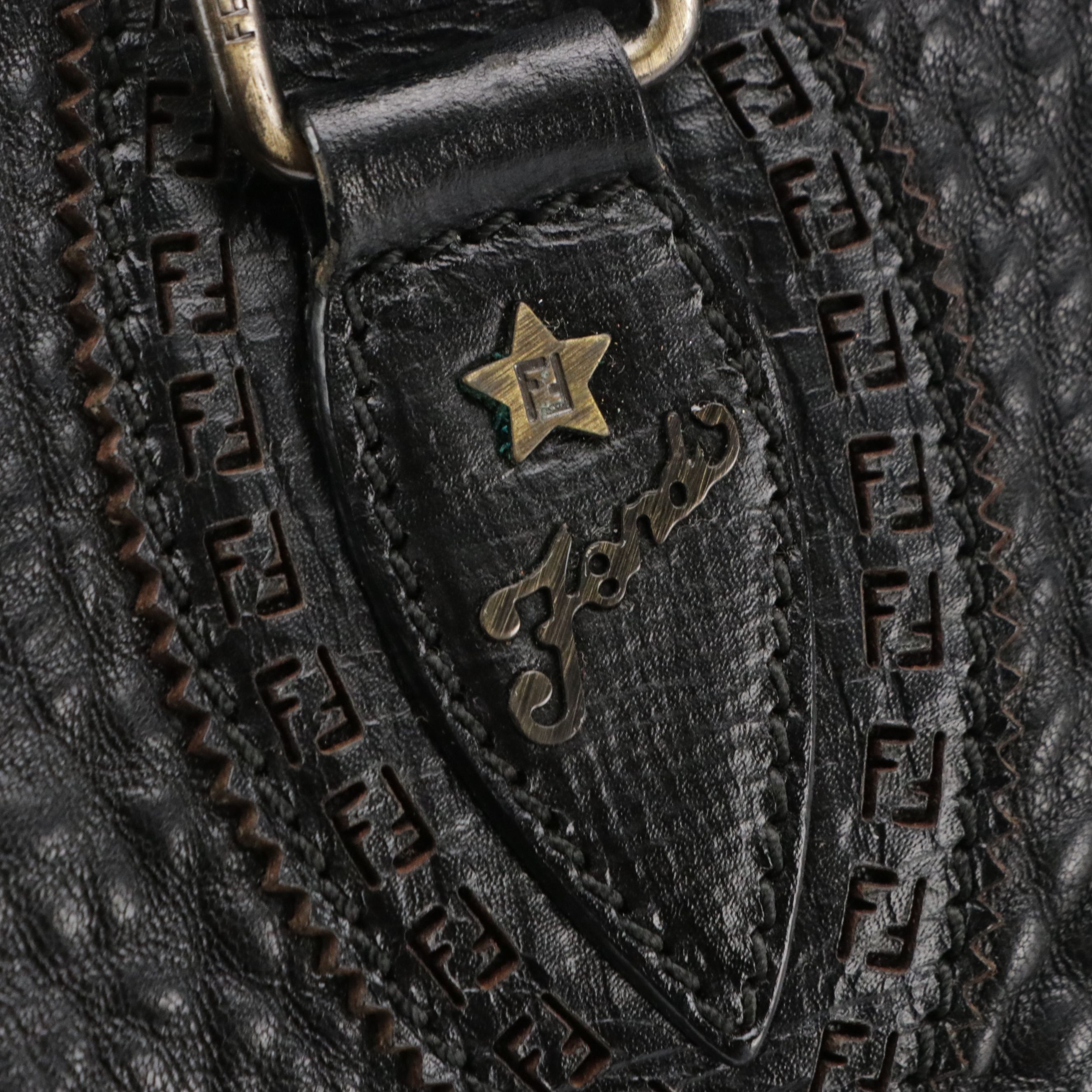 Fendi Etniko de Jour Star Shoulder Bag in Black Grained Leather