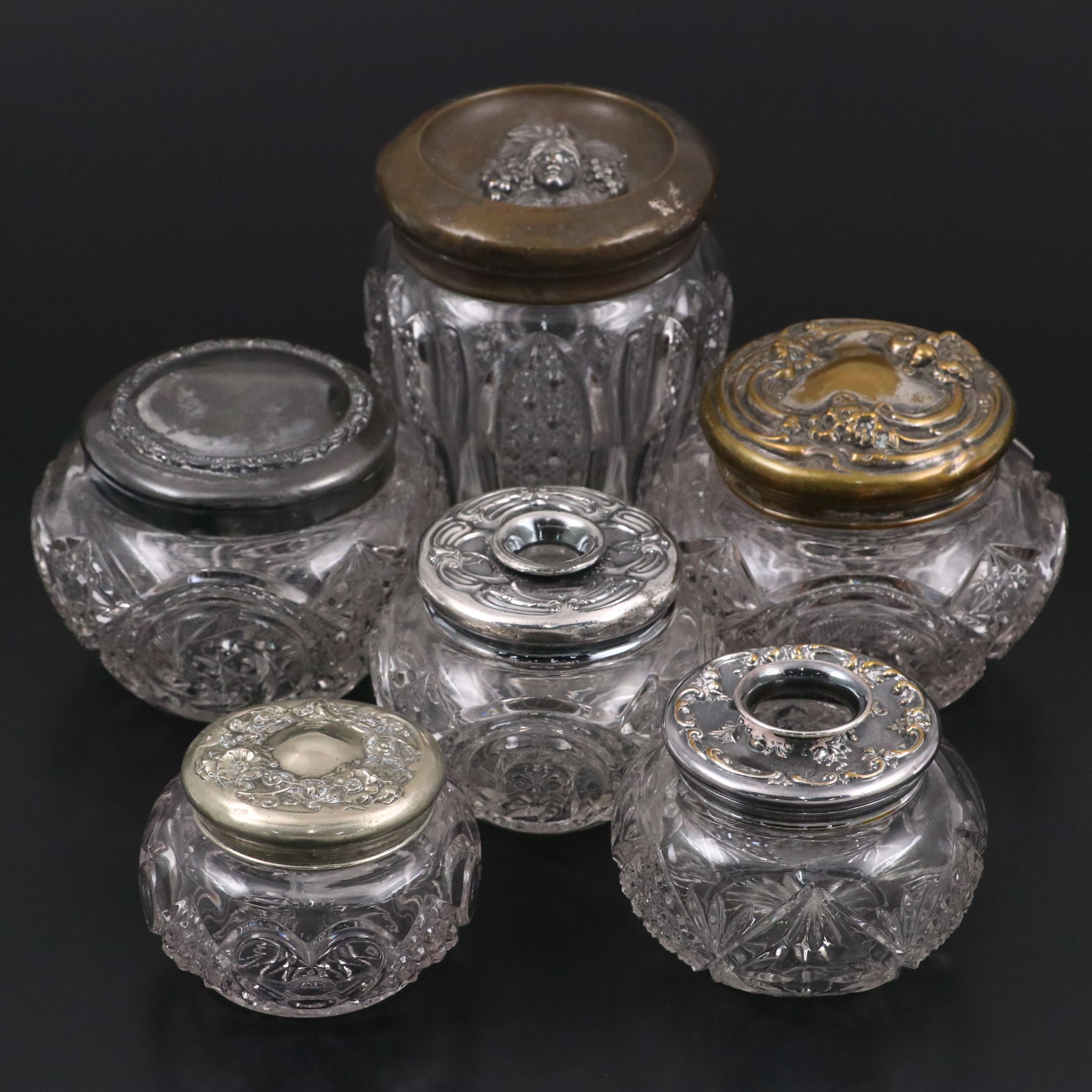American Brilliant Style Pressed Glass Vanity Jars with Repoussé Metal Lids