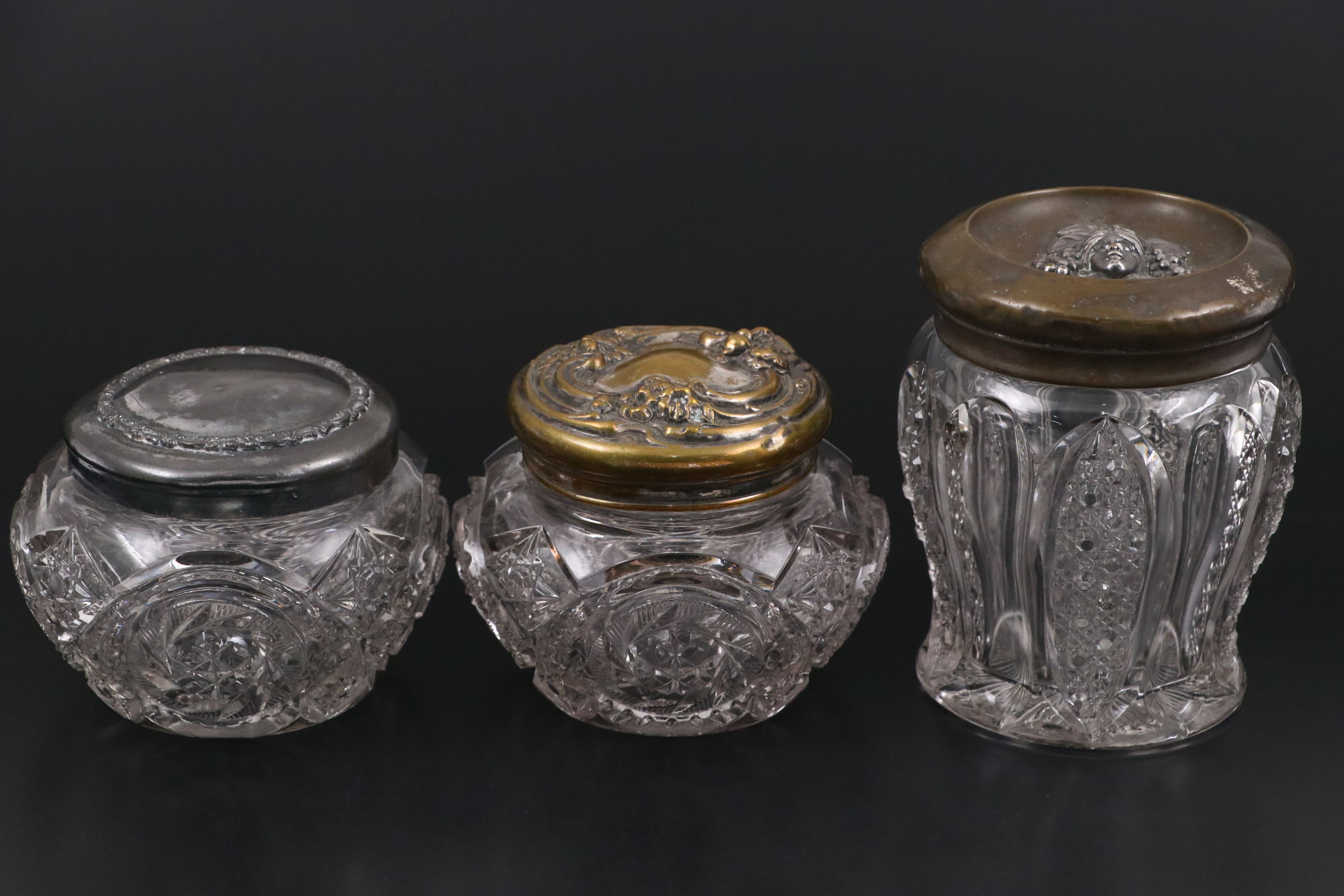 American Brilliant Style Pressed Glass Vanity Jars with Repoussé Metal Lids