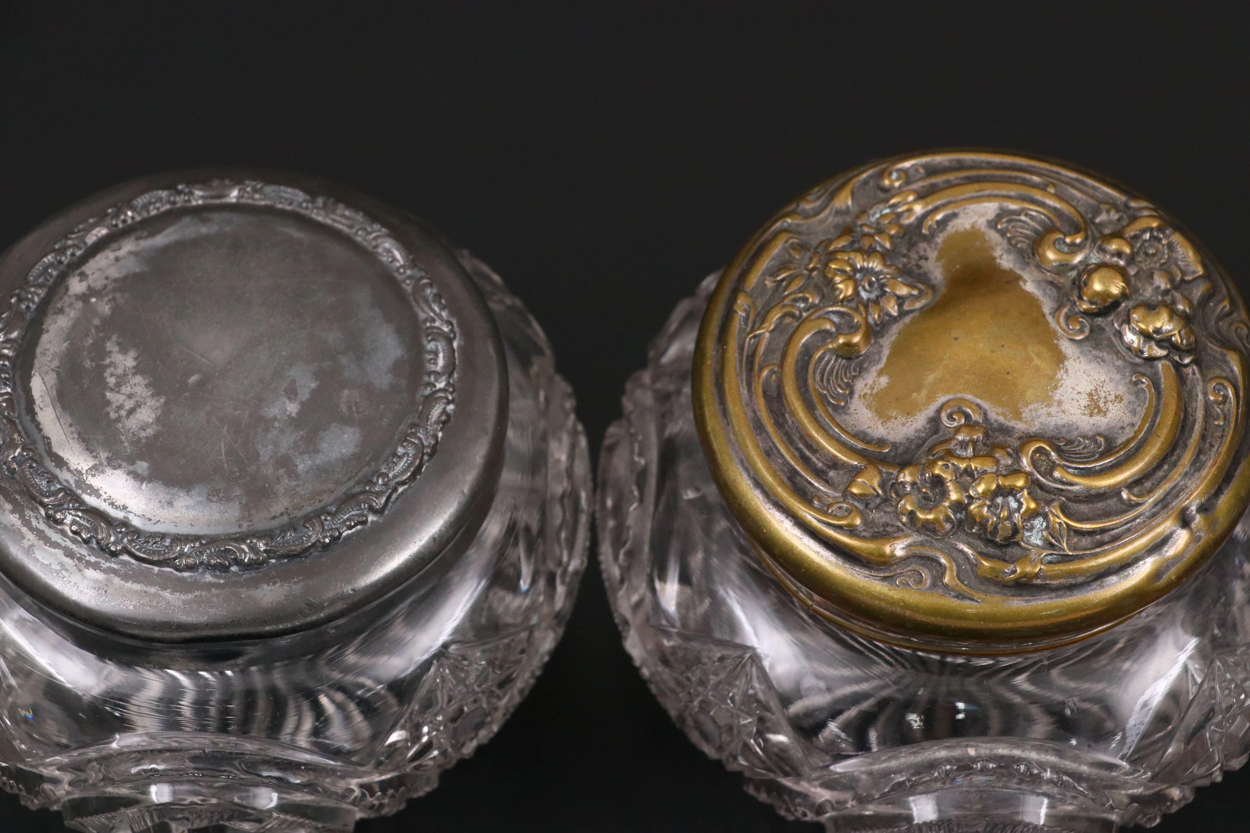 American Brilliant Style Pressed Glass Vanity Jars with Repoussé Metal Lids