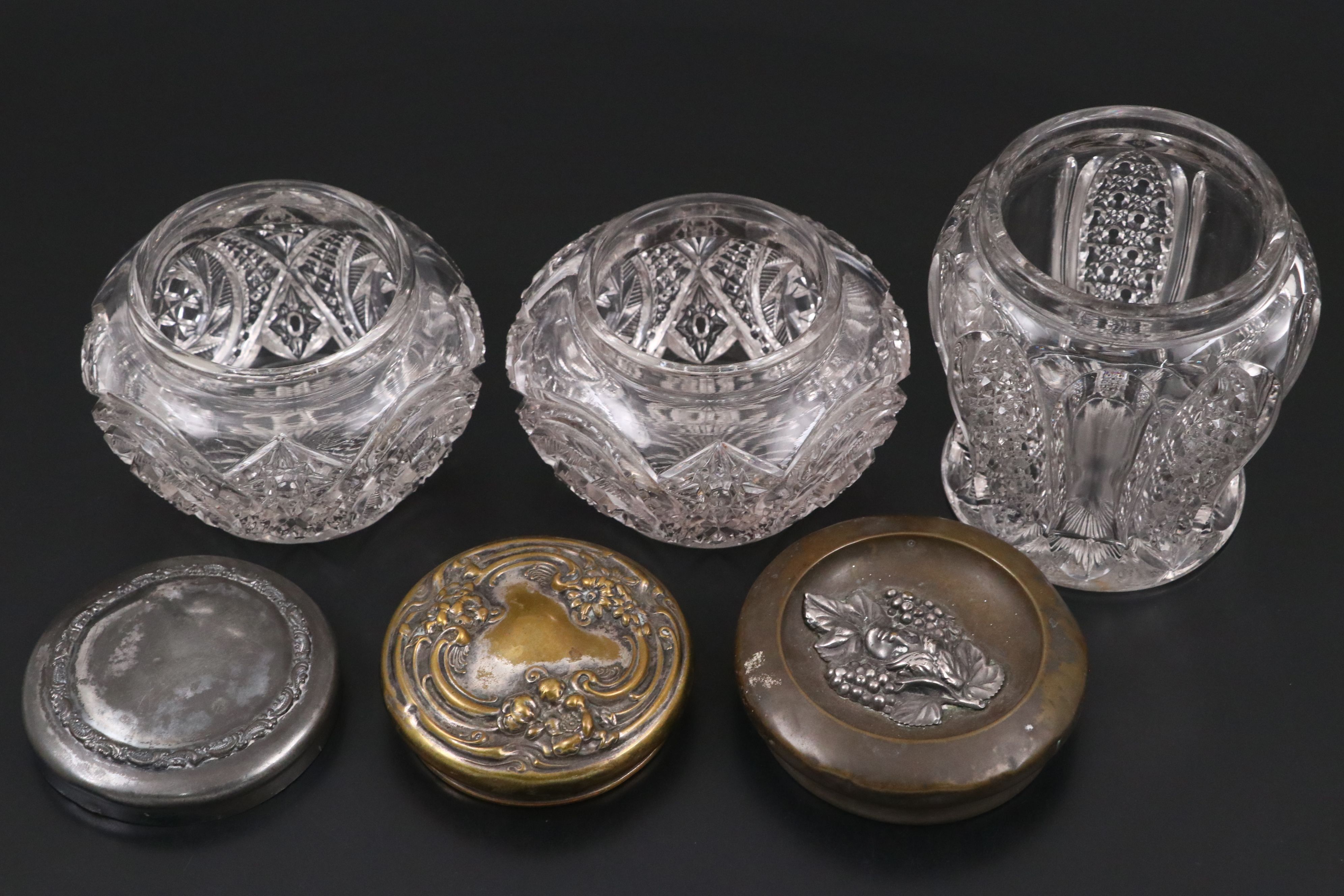 American Brilliant Style Pressed Glass Vanity Jars with Repoussé Metal Lids