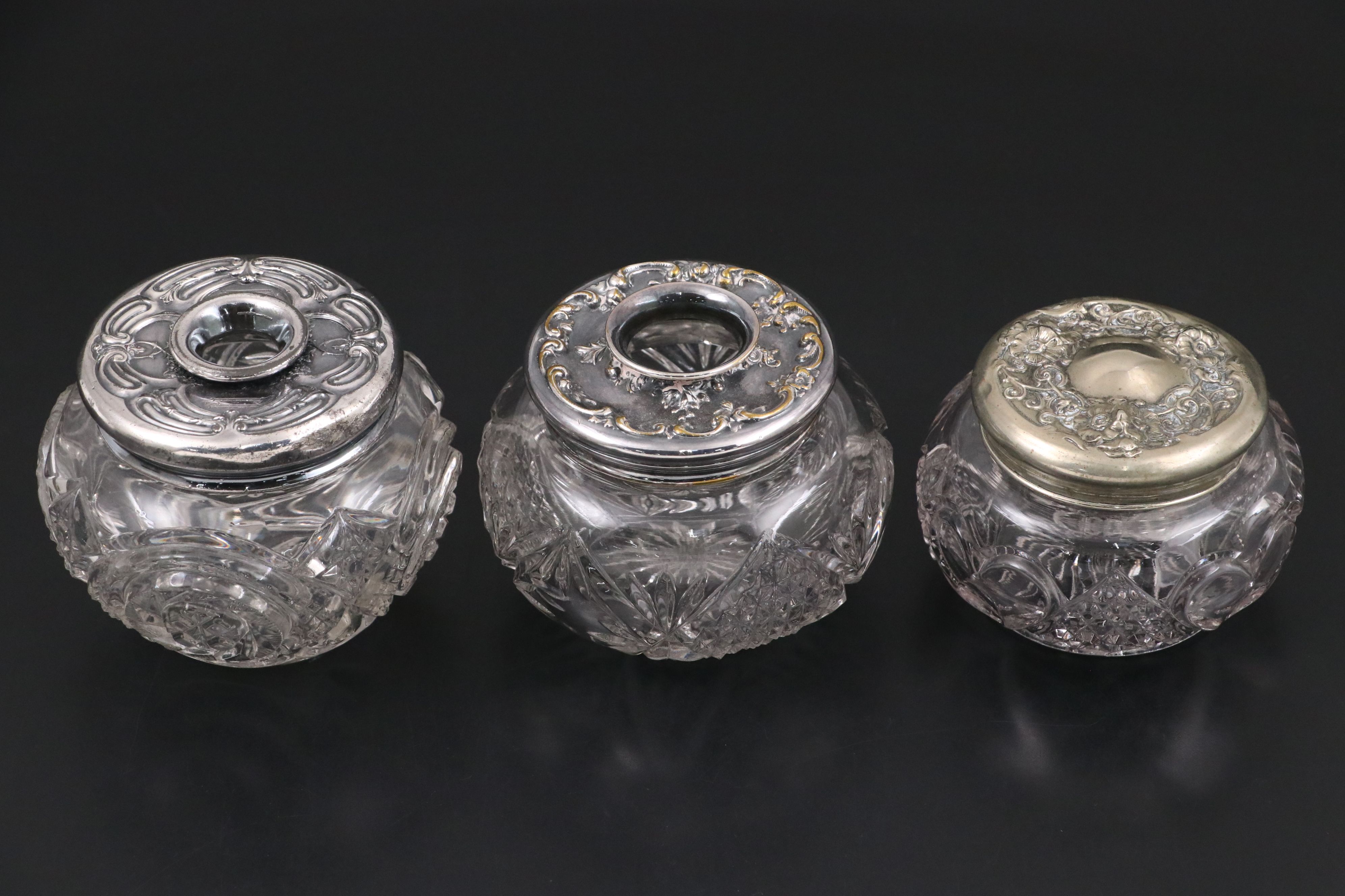 American Brilliant Style Pressed Glass Vanity Jars with Repoussé Metal Lids