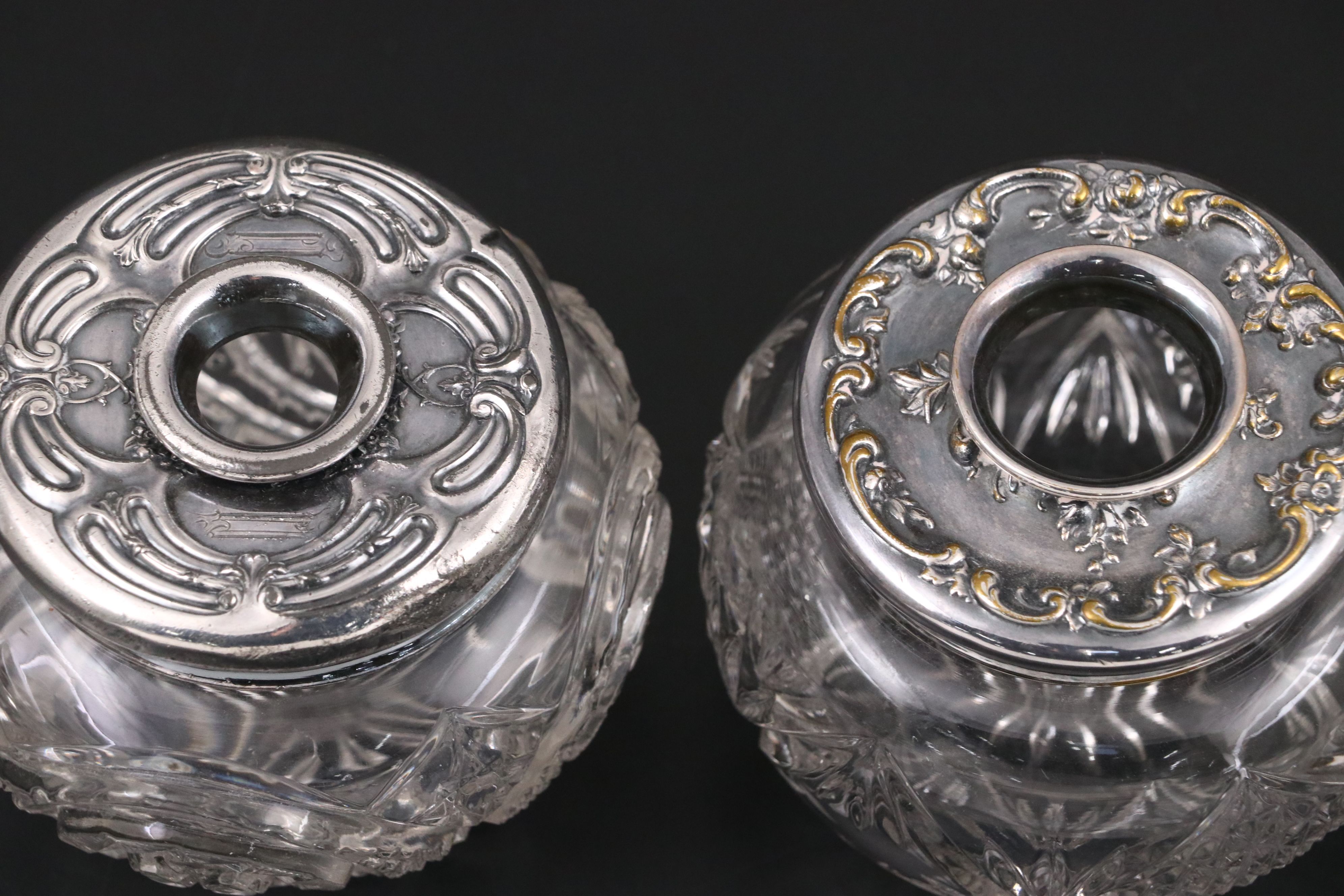 American Brilliant Style Pressed Glass Vanity Jars with Repoussé Metal Lids