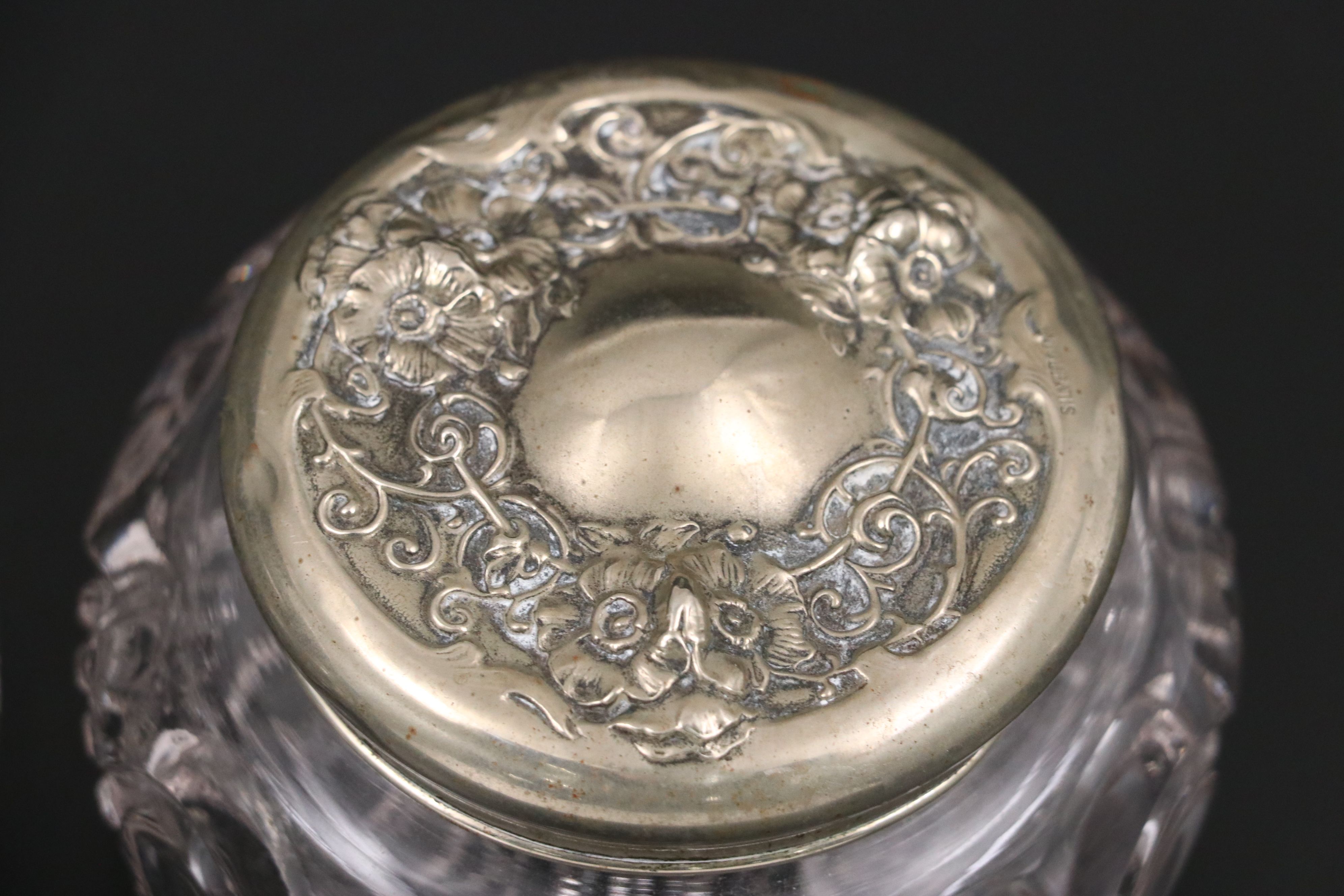 American Brilliant Style Pressed Glass Vanity Jars with Repoussé Metal Lids