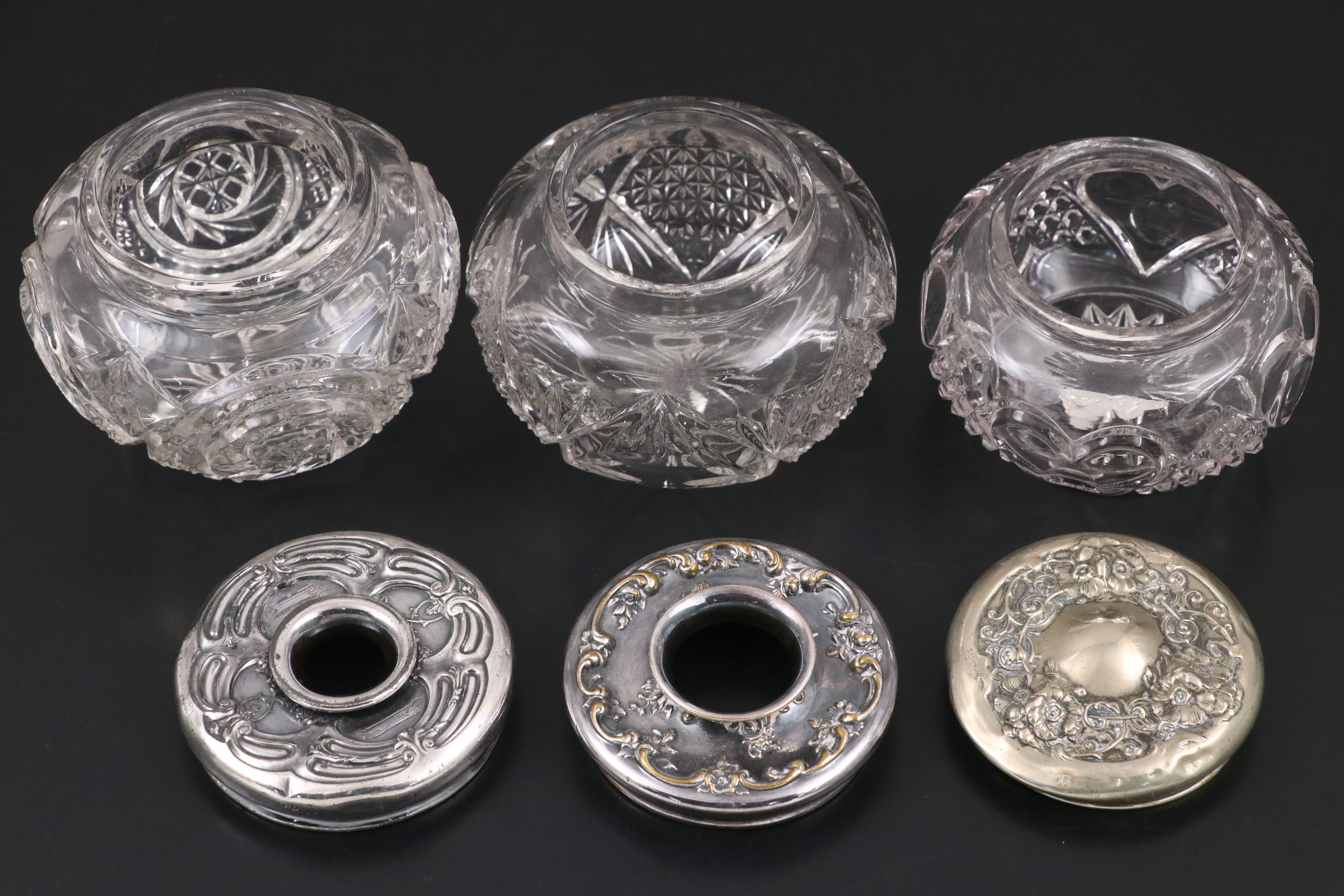 American Brilliant Style Pressed Glass Vanity Jars with Repoussé Metal Lids