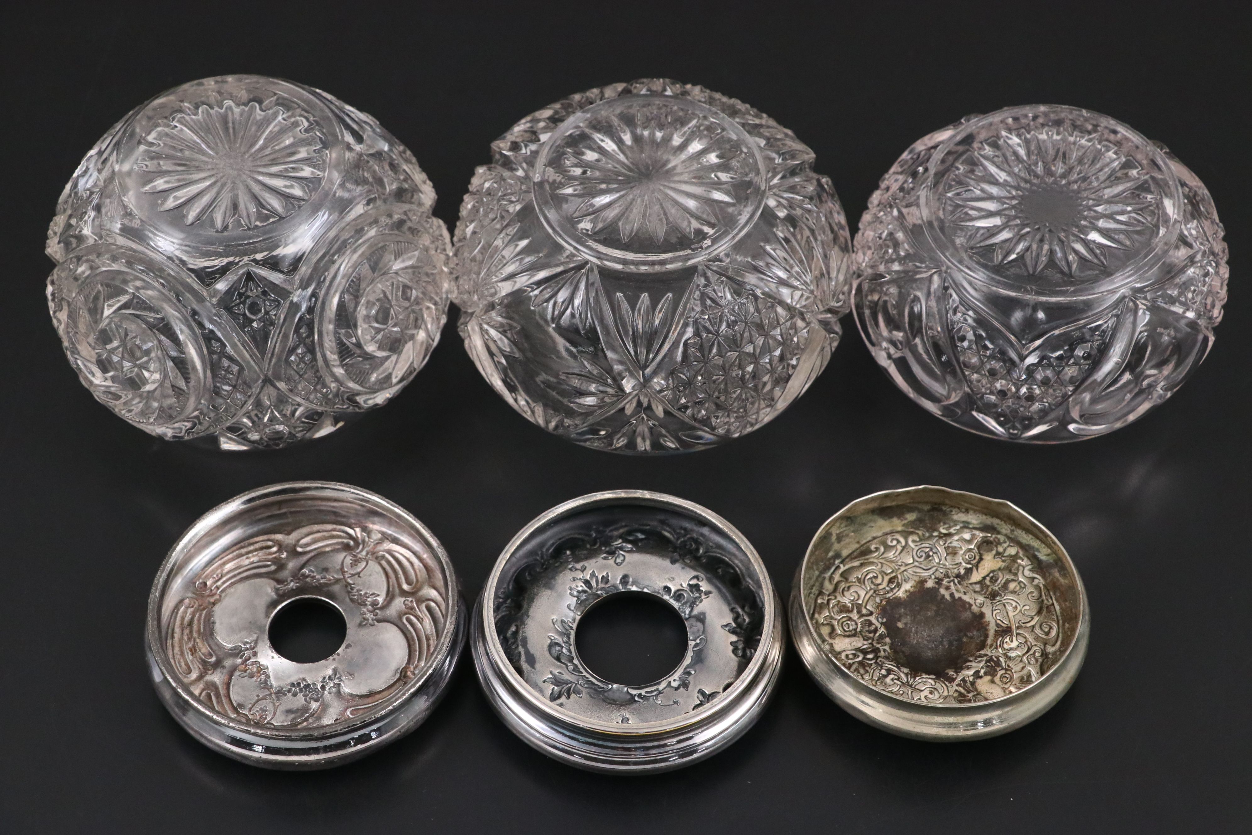 American Brilliant Style Pressed Glass Vanity Jars with Repoussé Metal Lids