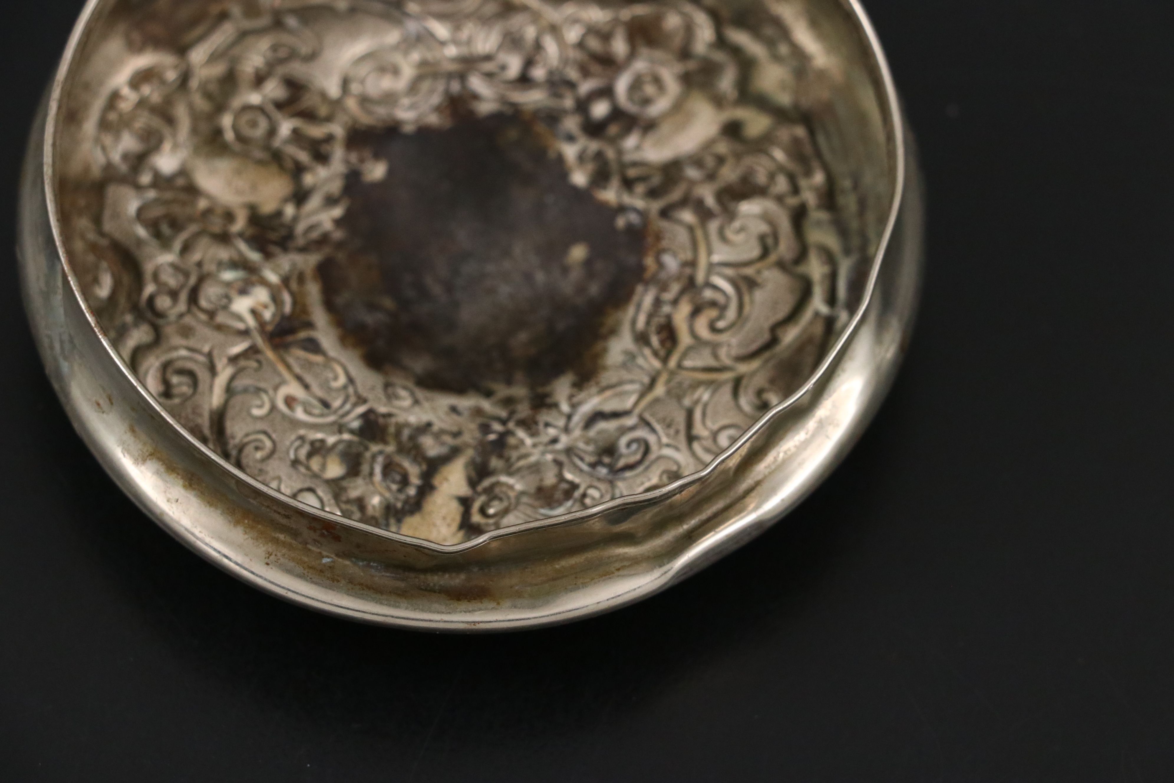 American Brilliant Style Pressed Glass Vanity Jars with Repoussé Metal Lids