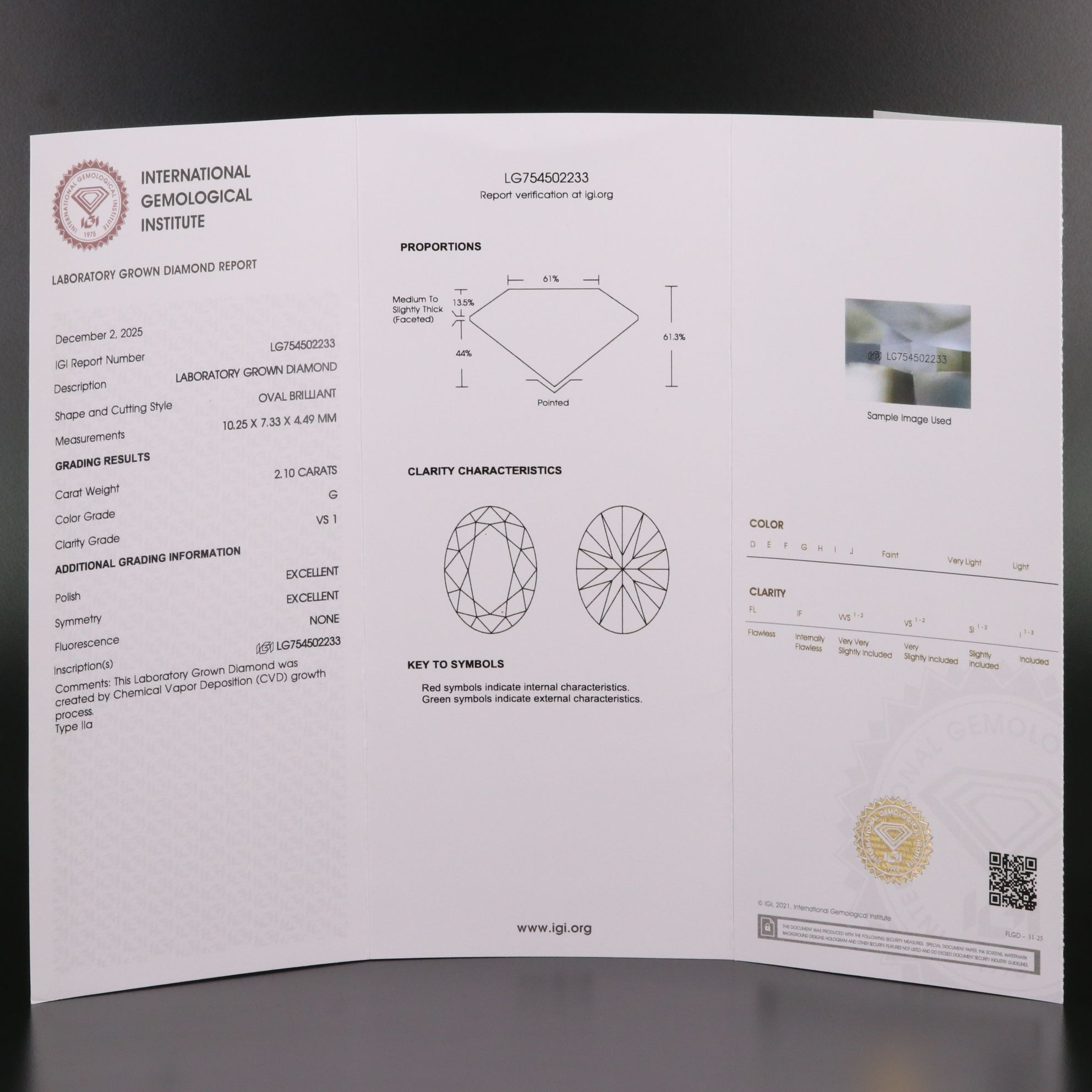 Loose 2.10 CT Lab Grown Diamond with IGI Report