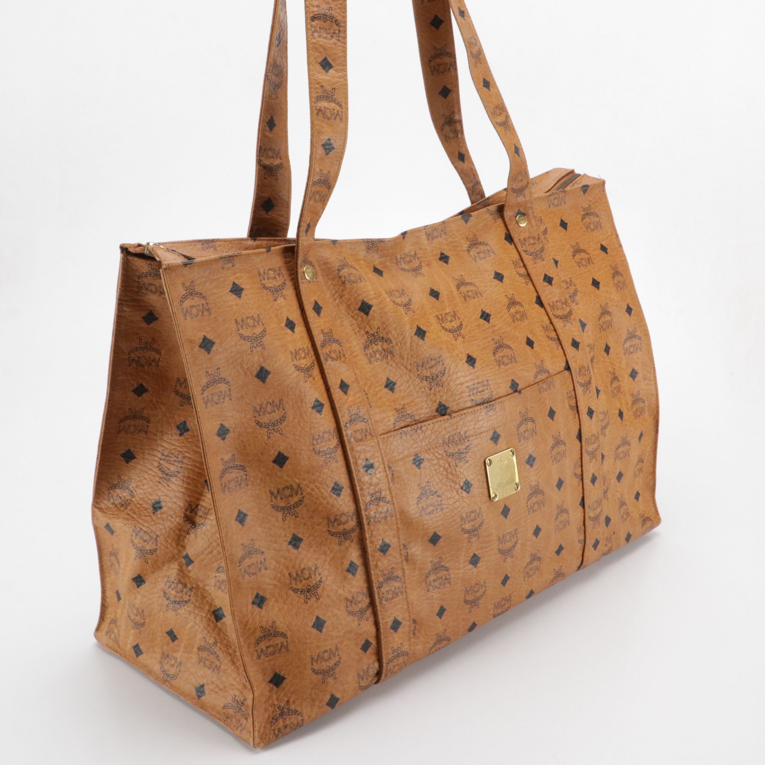 MCM Large Zip Tote Bag in Cognac Visetos Canvas