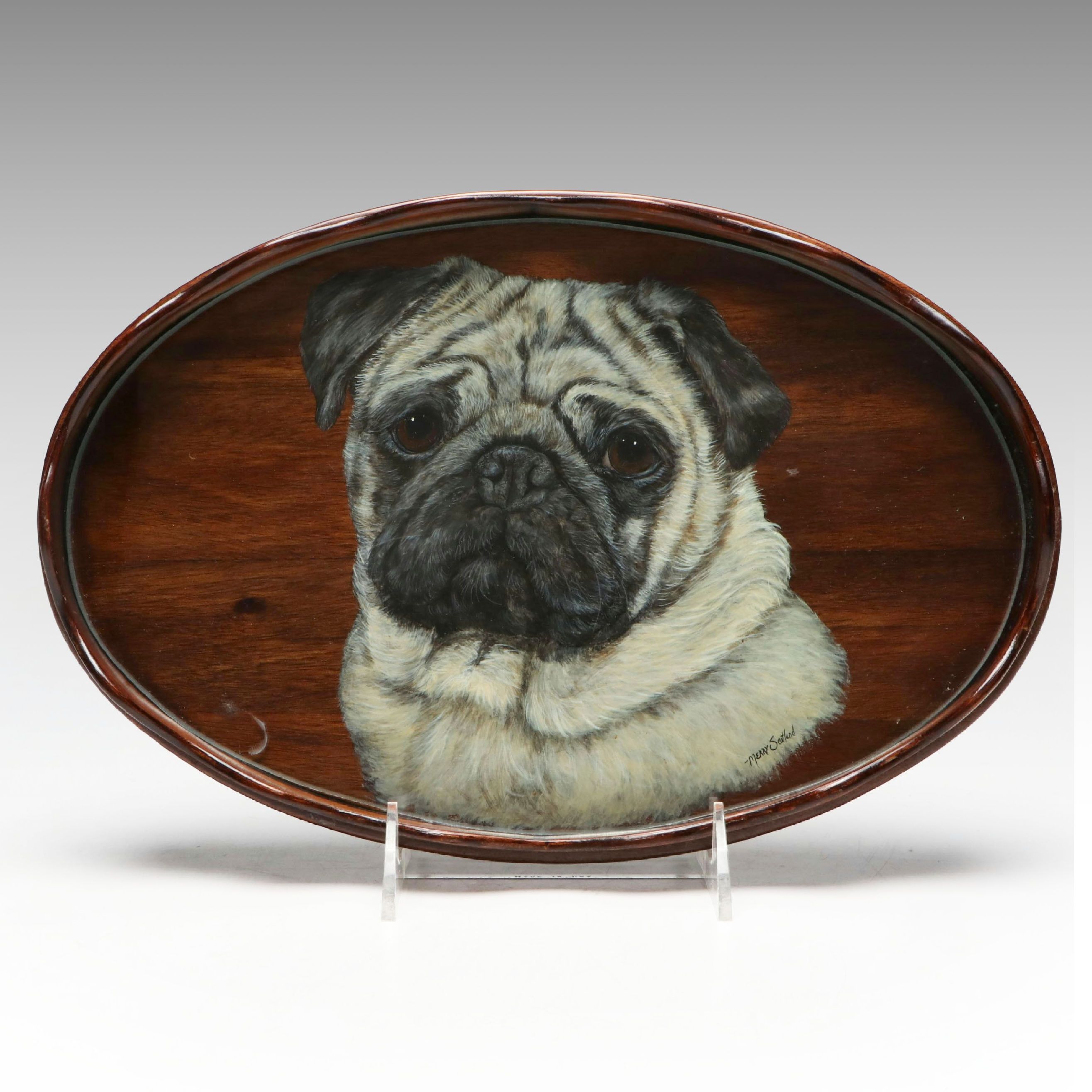 Merry Scotland Hand-Painted Wooden Pug Tray, Late 20th Century