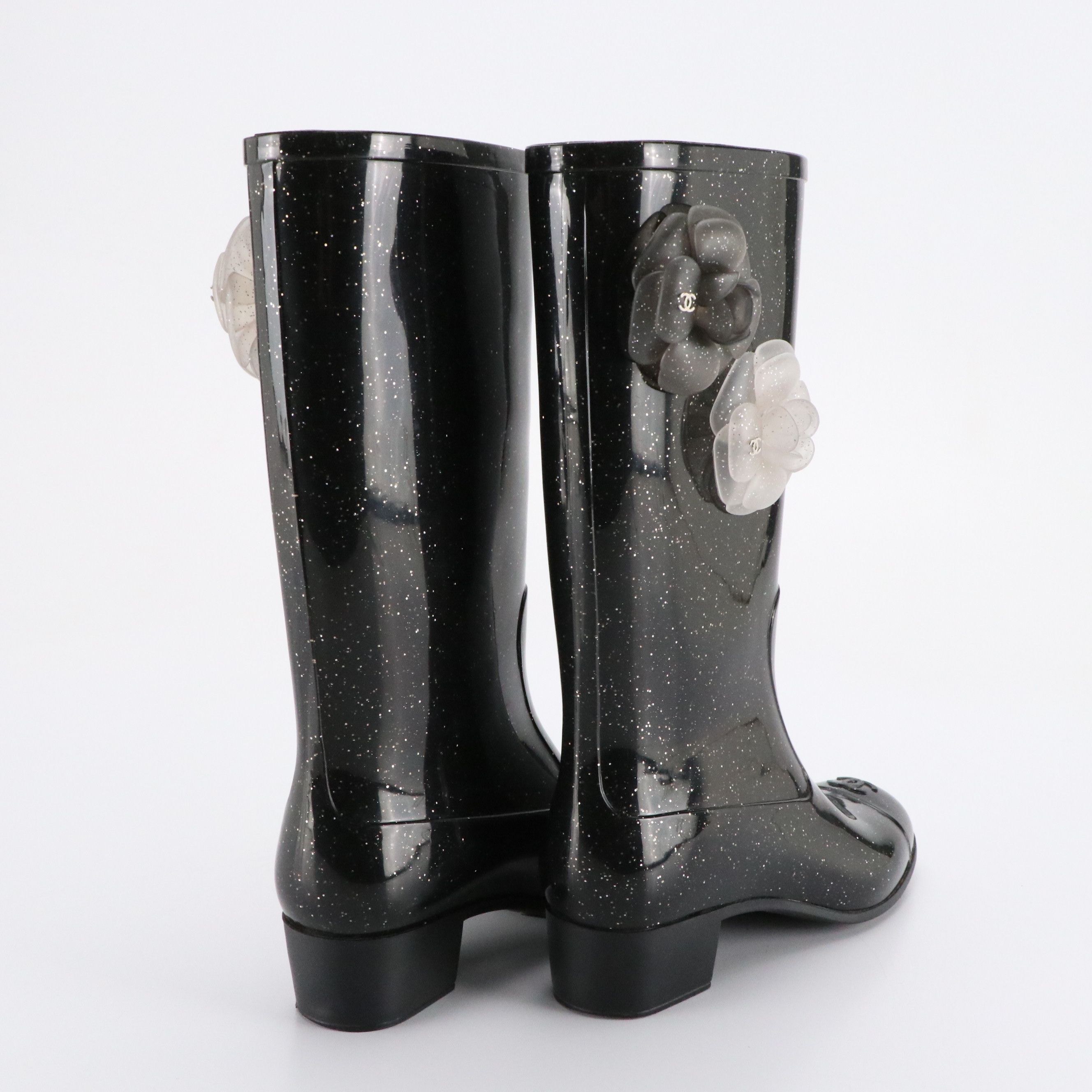 Chanel Camellia Glitter Rain Boots with Box