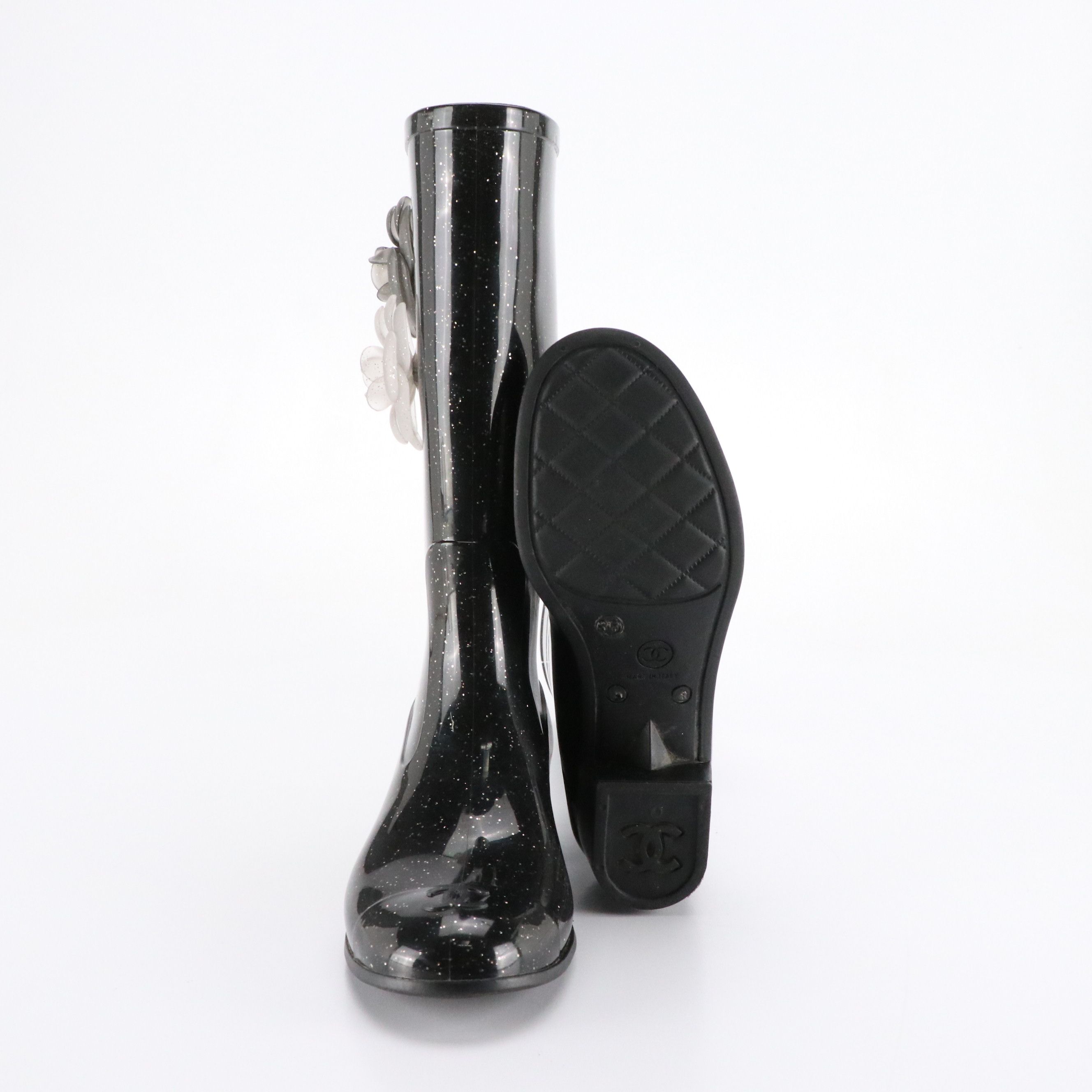 Chanel Camellia Glitter Rain Boots with Box