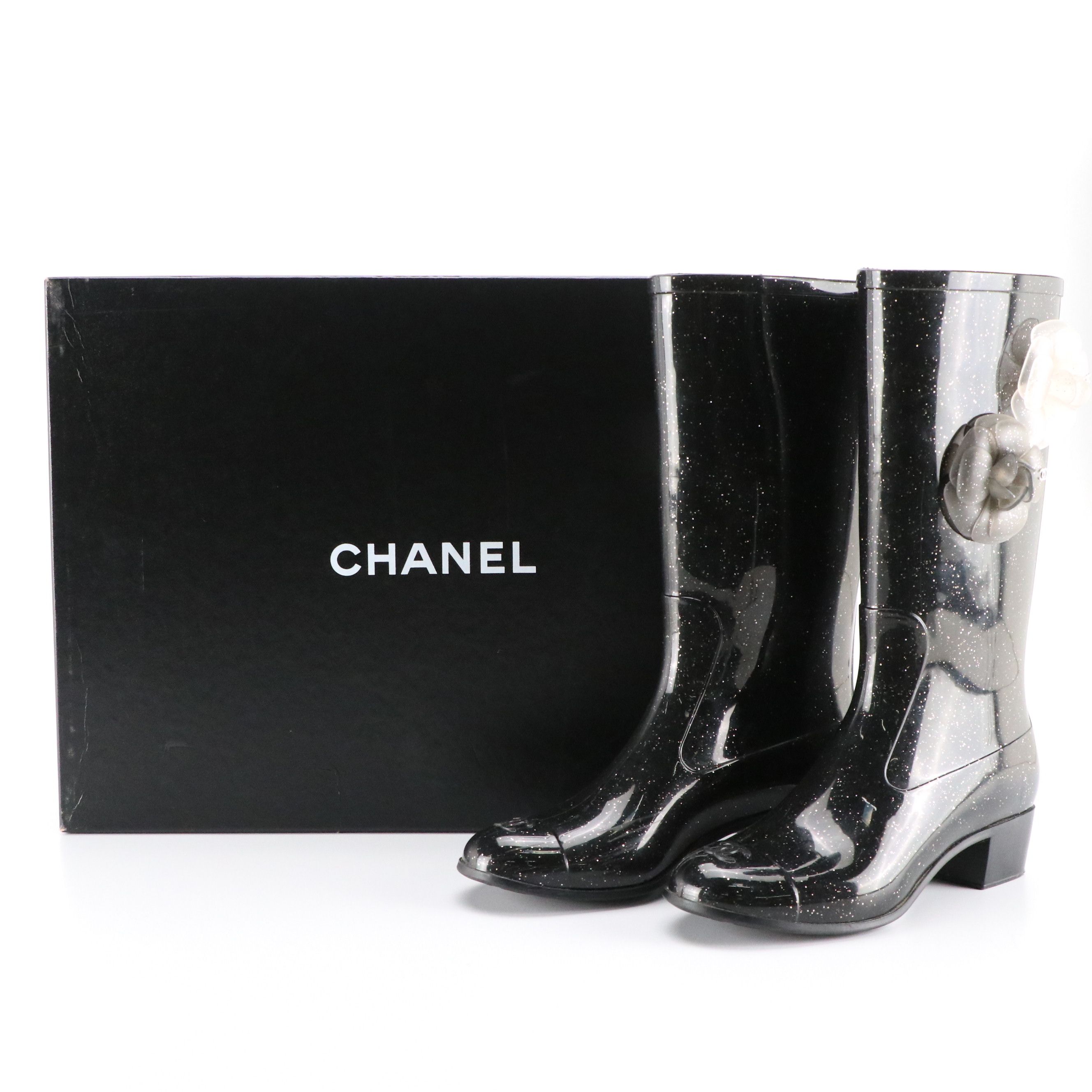 Chanel Camellia Glitter Rain Boots with Box