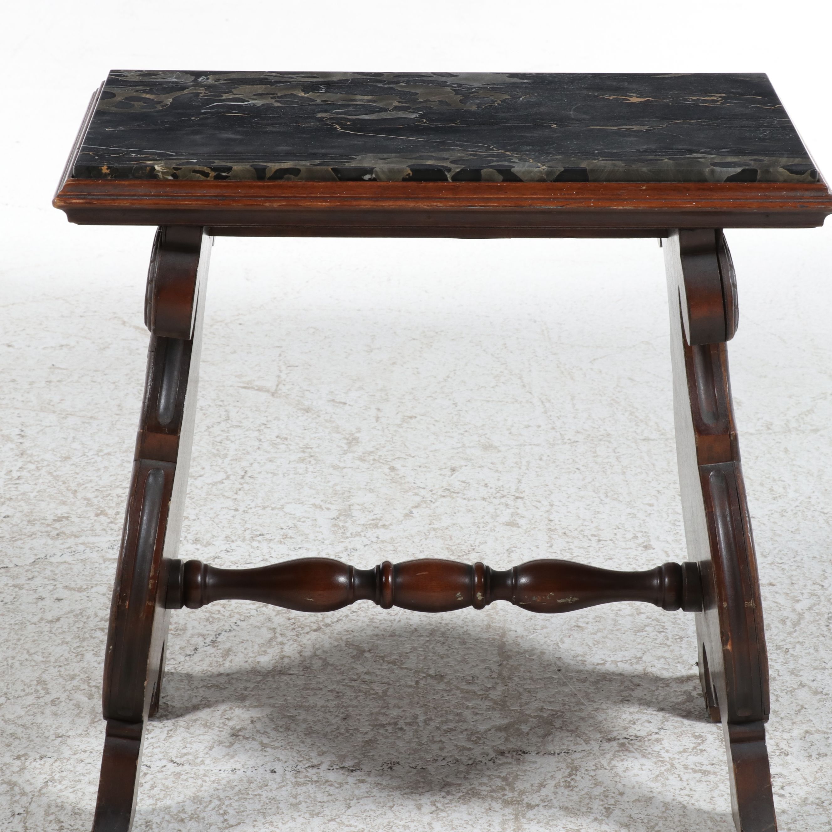 Victorian Style Marble-Top Lyre Base Parlor Table, Mid-20th Century