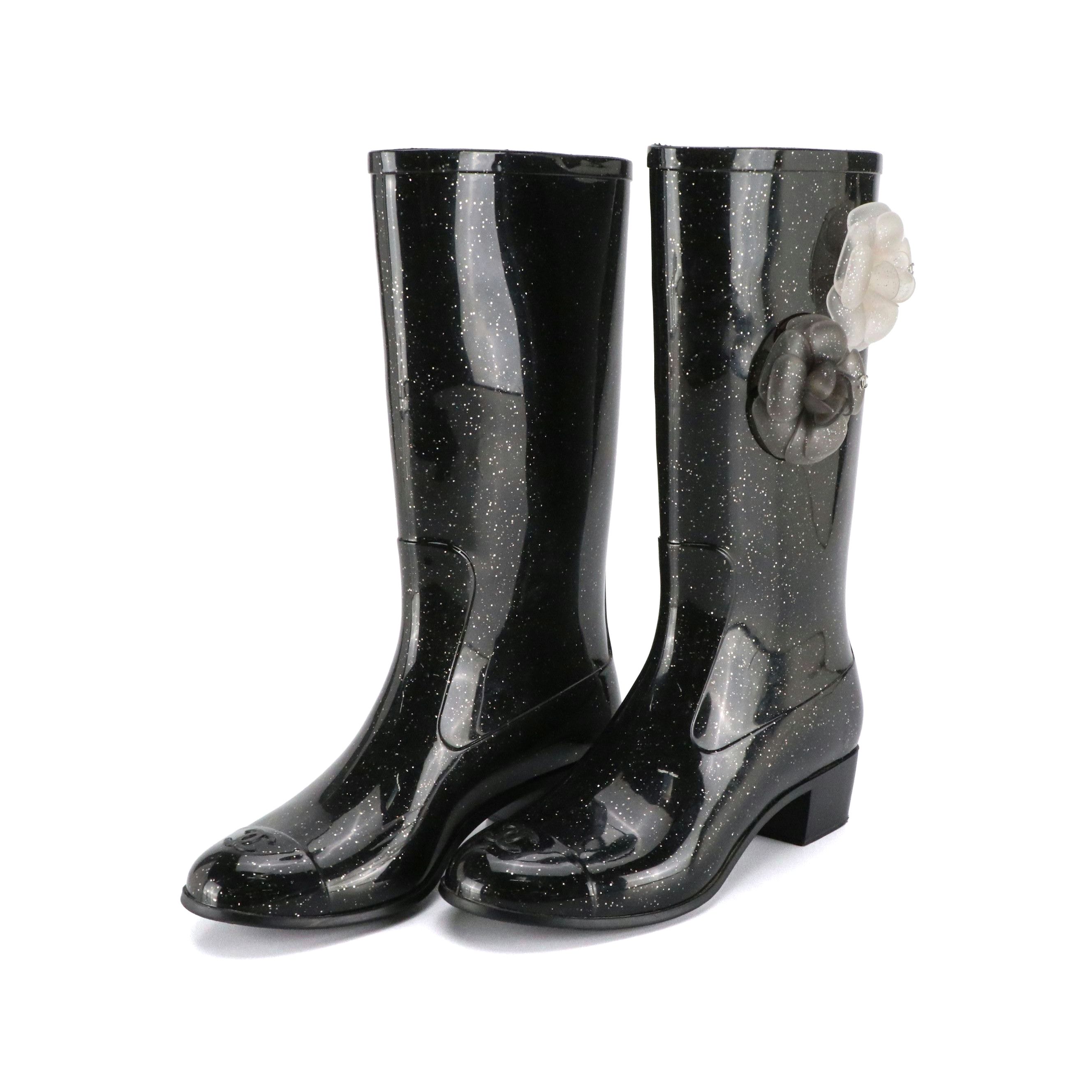 Chanel Camellia Glitter Rain Boots with Box