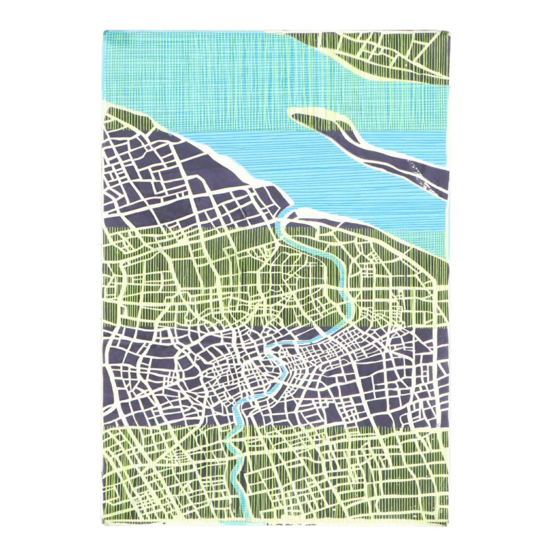 Tarli Bird Hand-Embroidered Serigraph of a Stylized Metropolitan Map