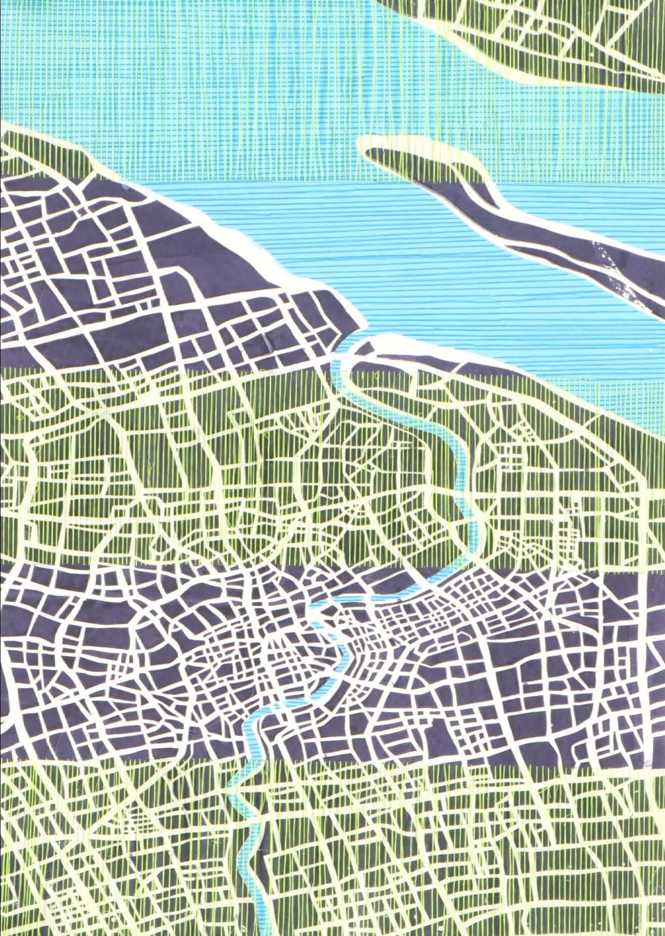 Tarli Bird Hand-Embroidered Serigraph of a Stylized Metropolitan Map