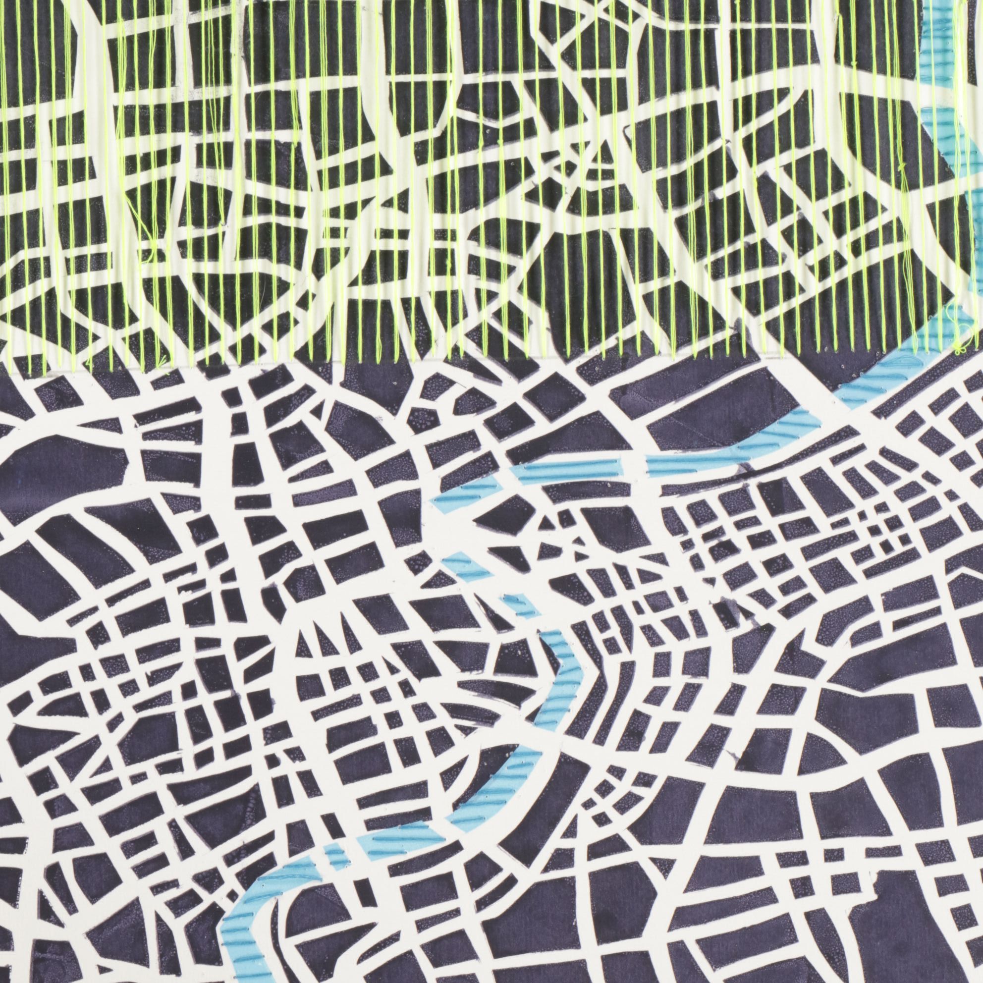 Tarli Bird Hand-Embroidered Serigraph of a Stylized Metropolitan Map