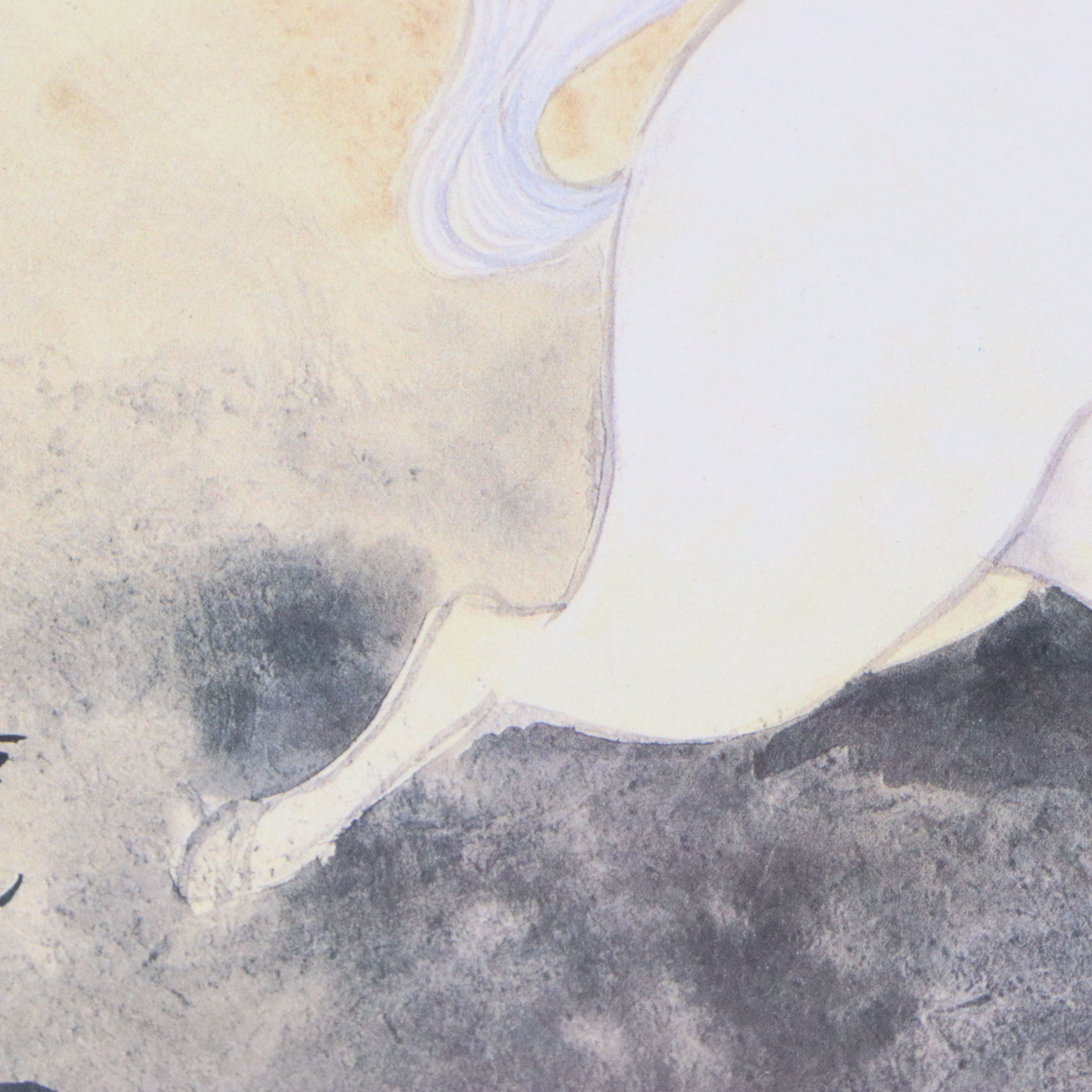 Japanese Sumi-e Ink Wash Painting of Horse with Offset Lithographs