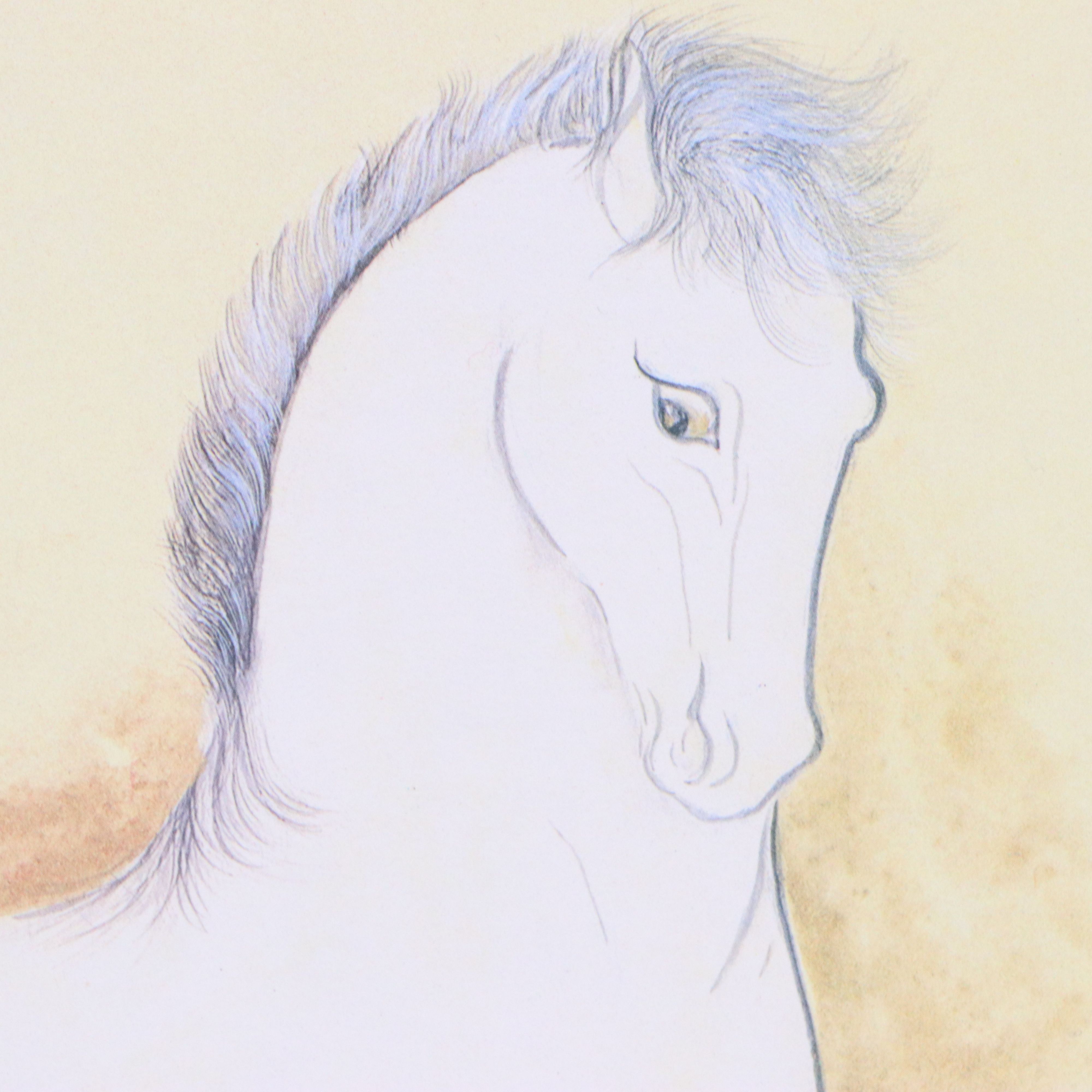 Japanese Sumi-e Ink Wash Painting of Horse with Offset Lithographs