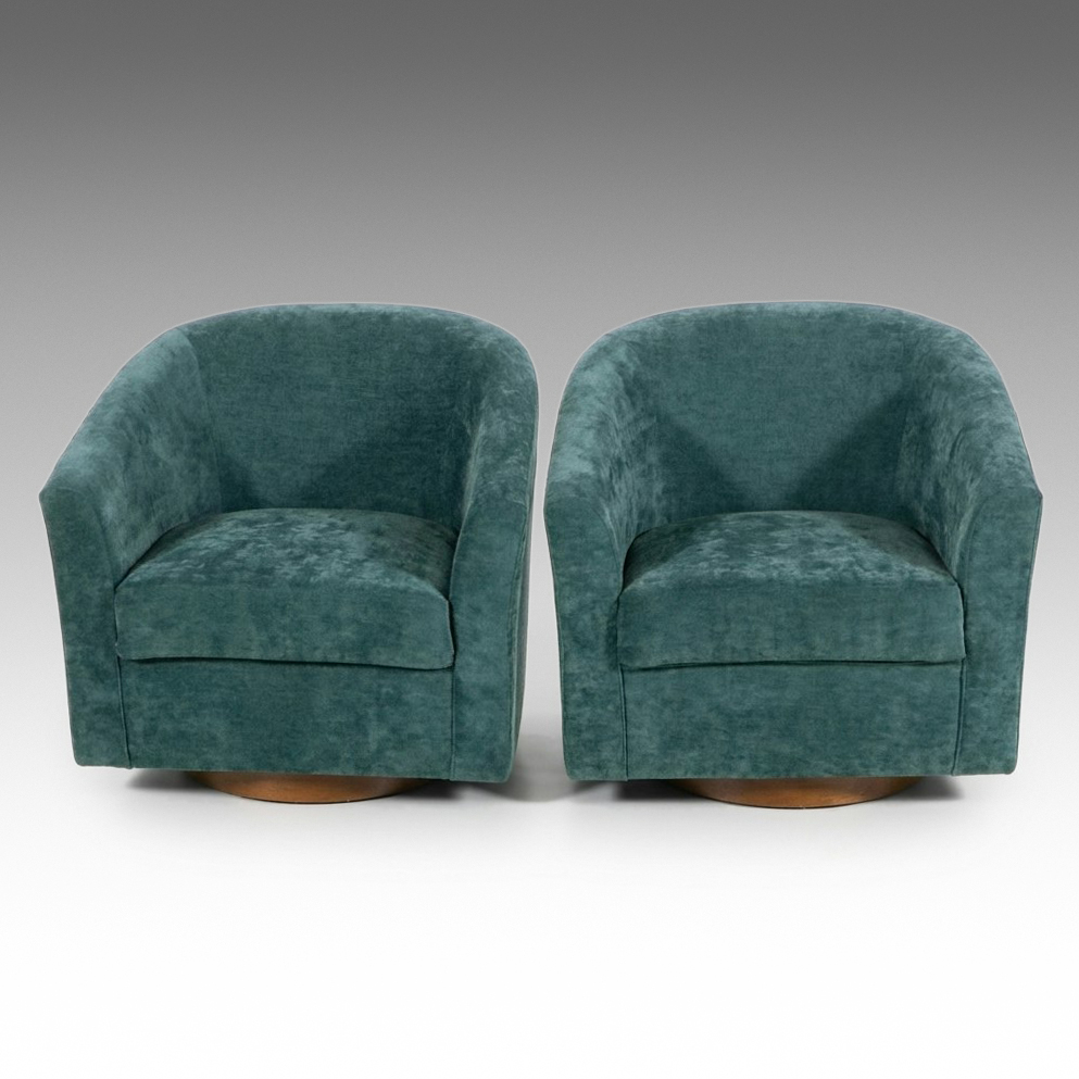 Pair of Contemporary Teal Chenille Swivel Armchairs