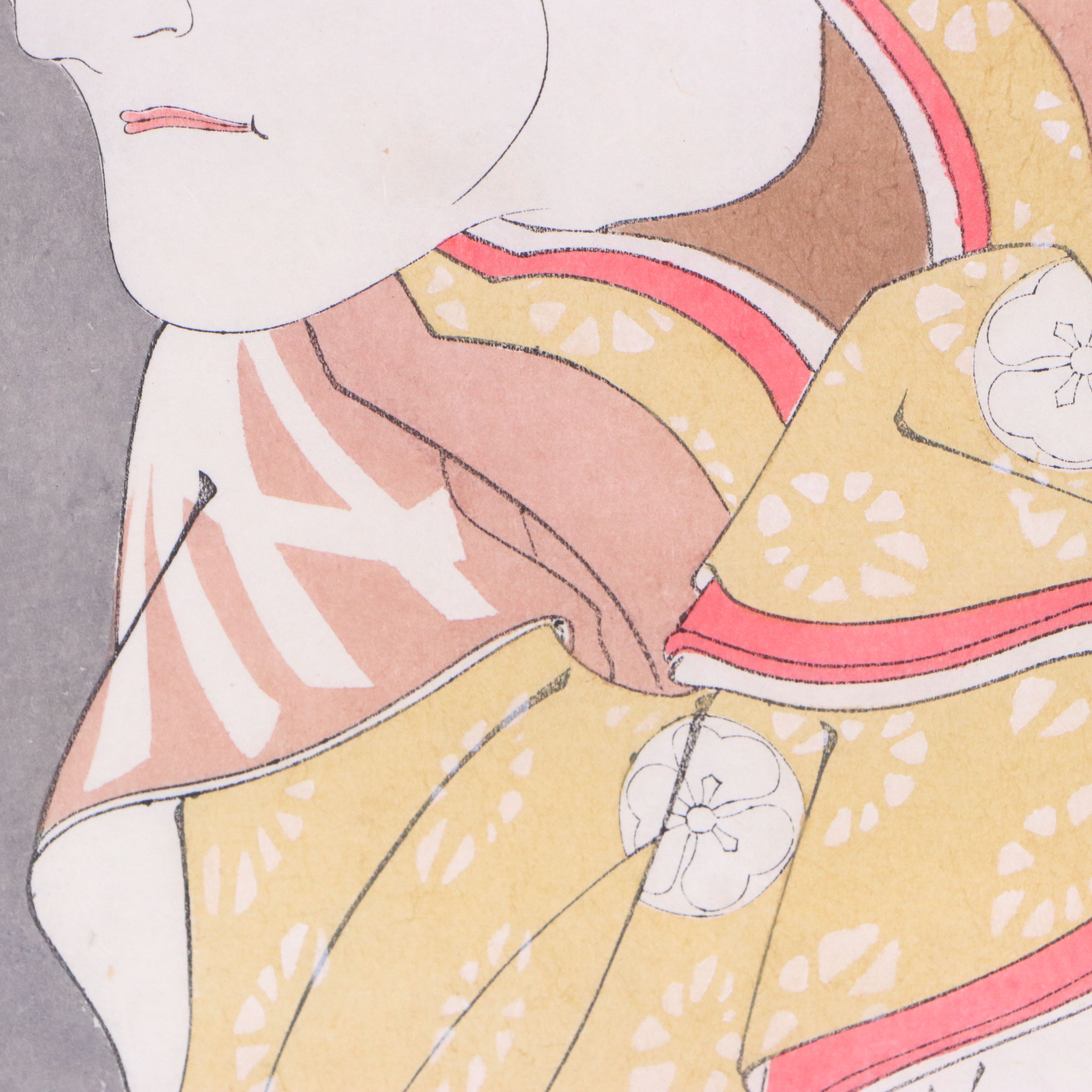 Japanese Reproduction Portrait Woodblocks with Watercolor Painting of Dolls