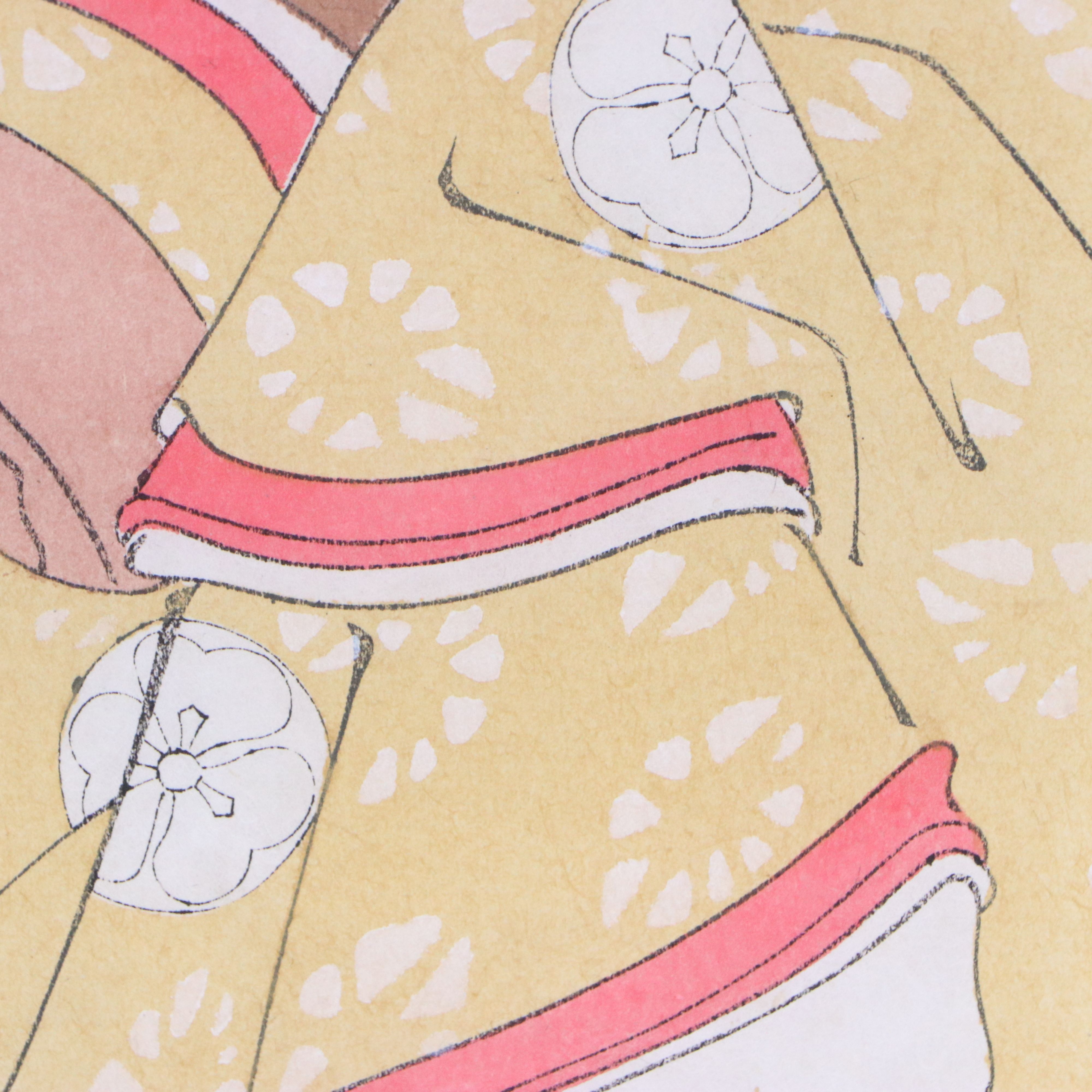 Japanese Reproduction Portrait Woodblocks with Watercolor Painting of Dolls