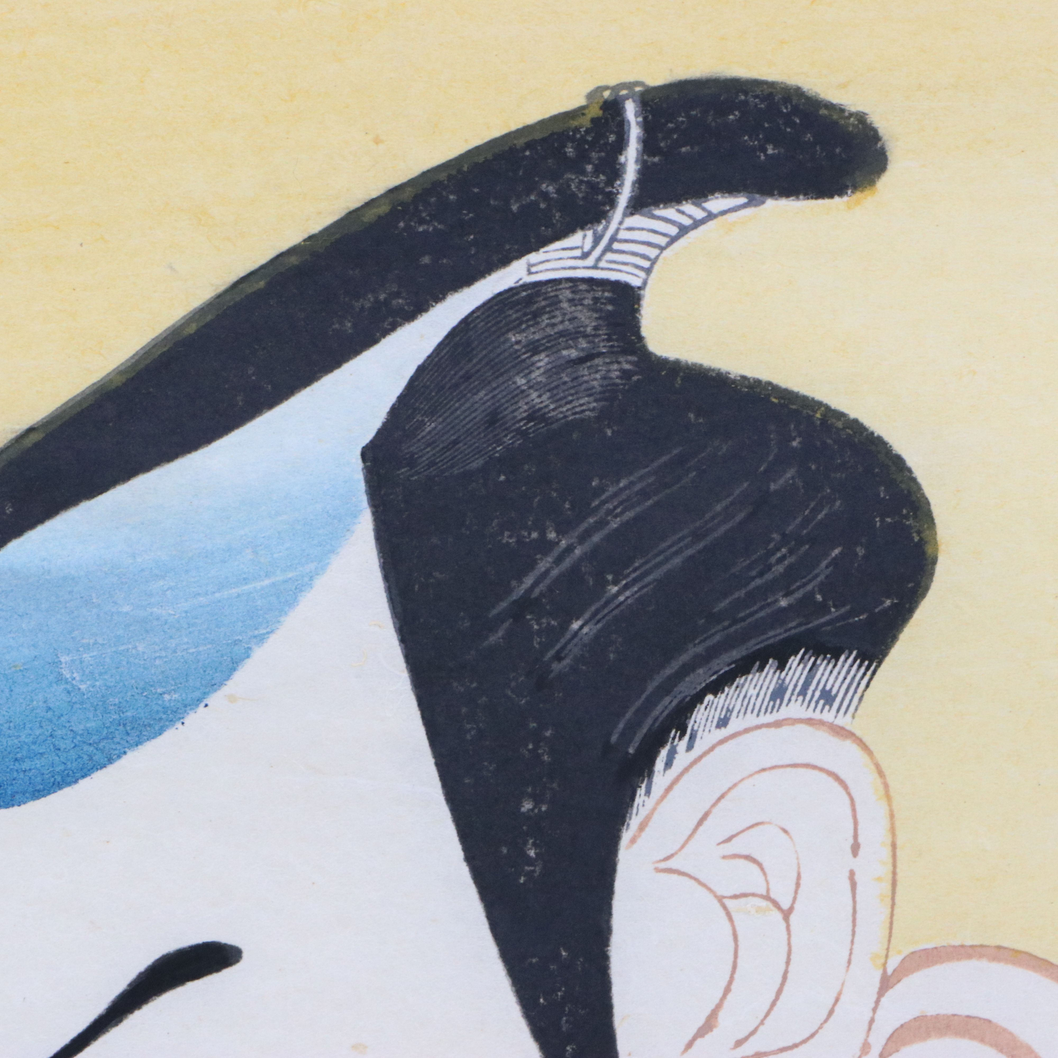 Japanese Reproduction Portrait Woodblocks with Watercolor Painting of Dolls