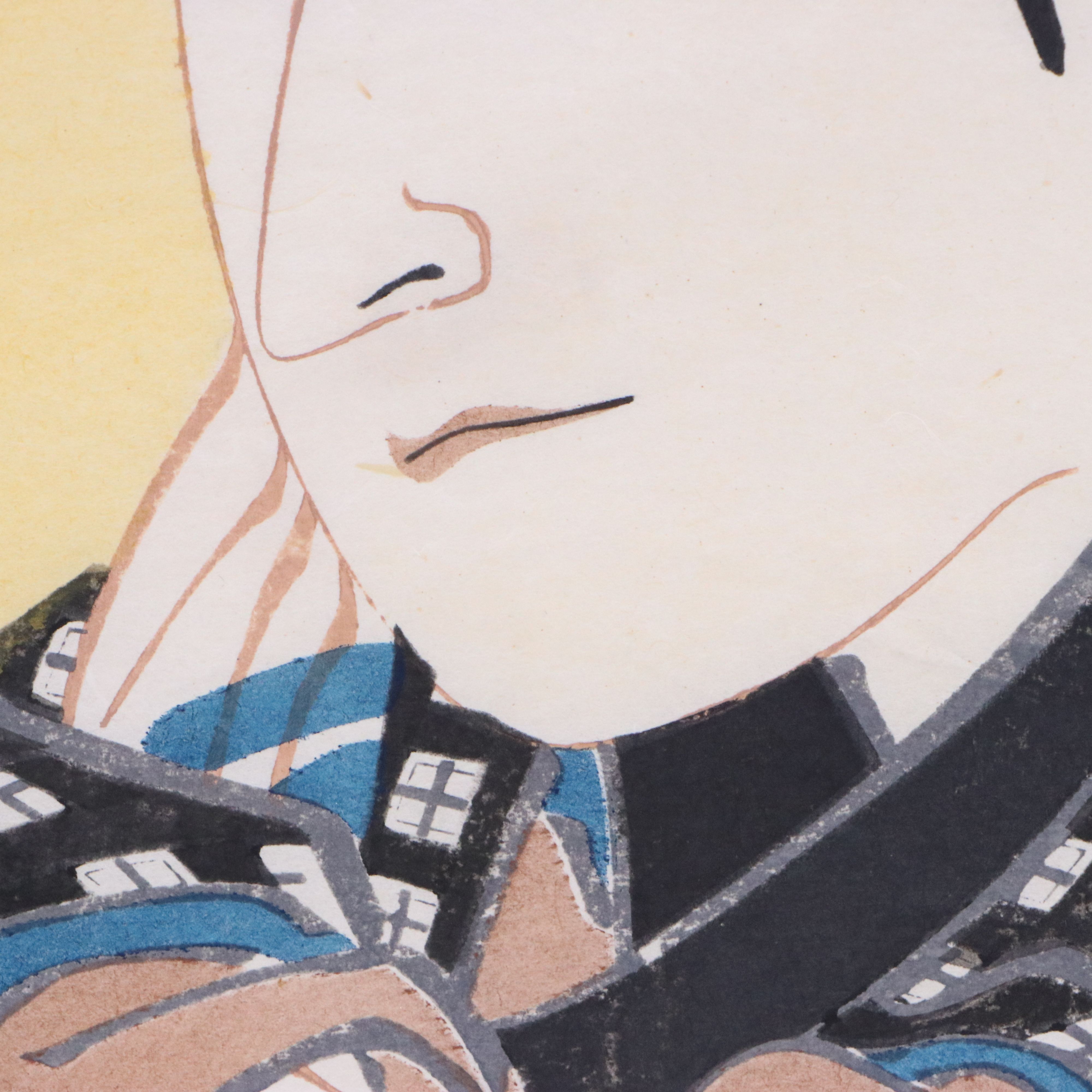 Japanese Reproduction Portrait Woodblocks with Watercolor Painting of Dolls