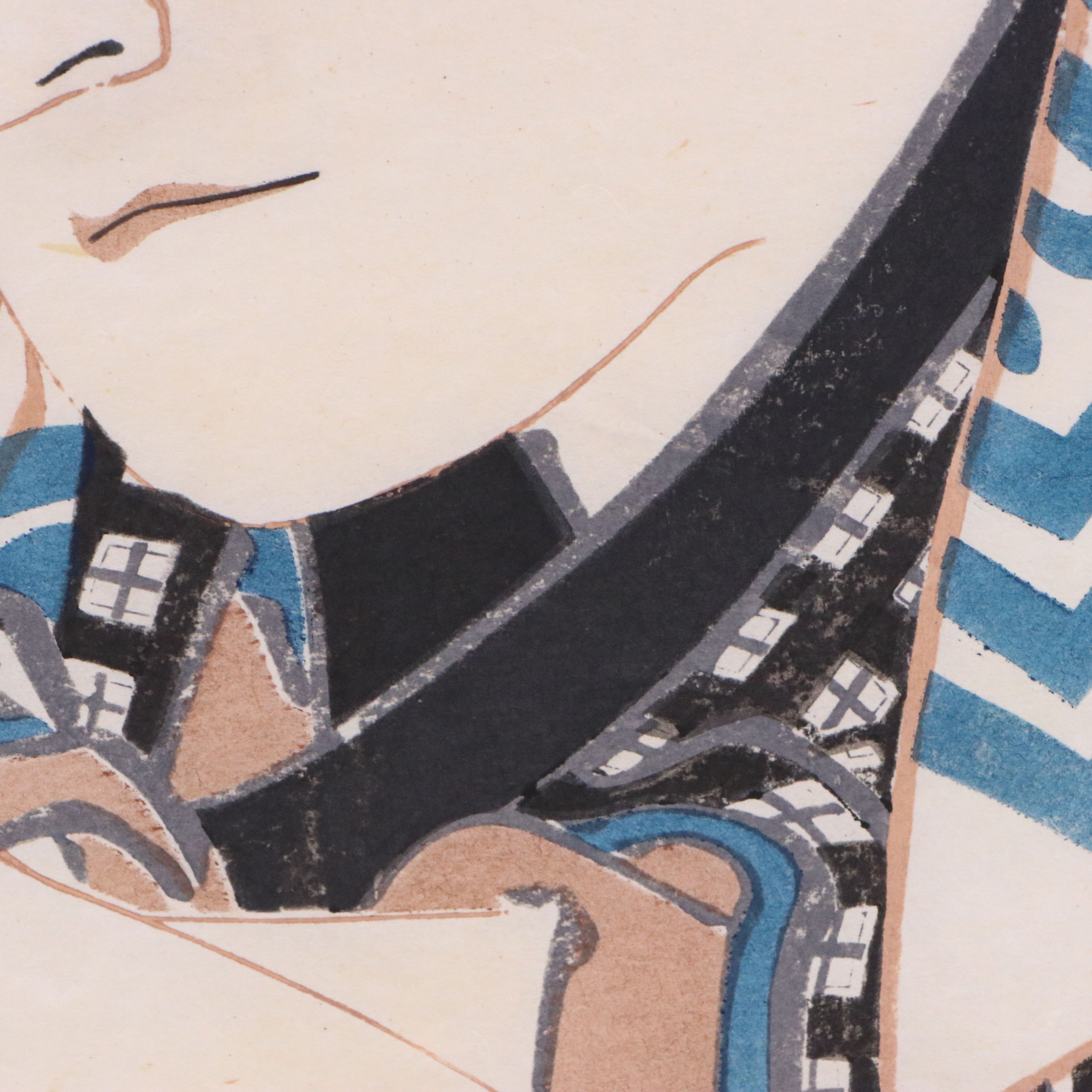 Japanese Reproduction Portrait Woodblocks with Watercolor Painting of Dolls