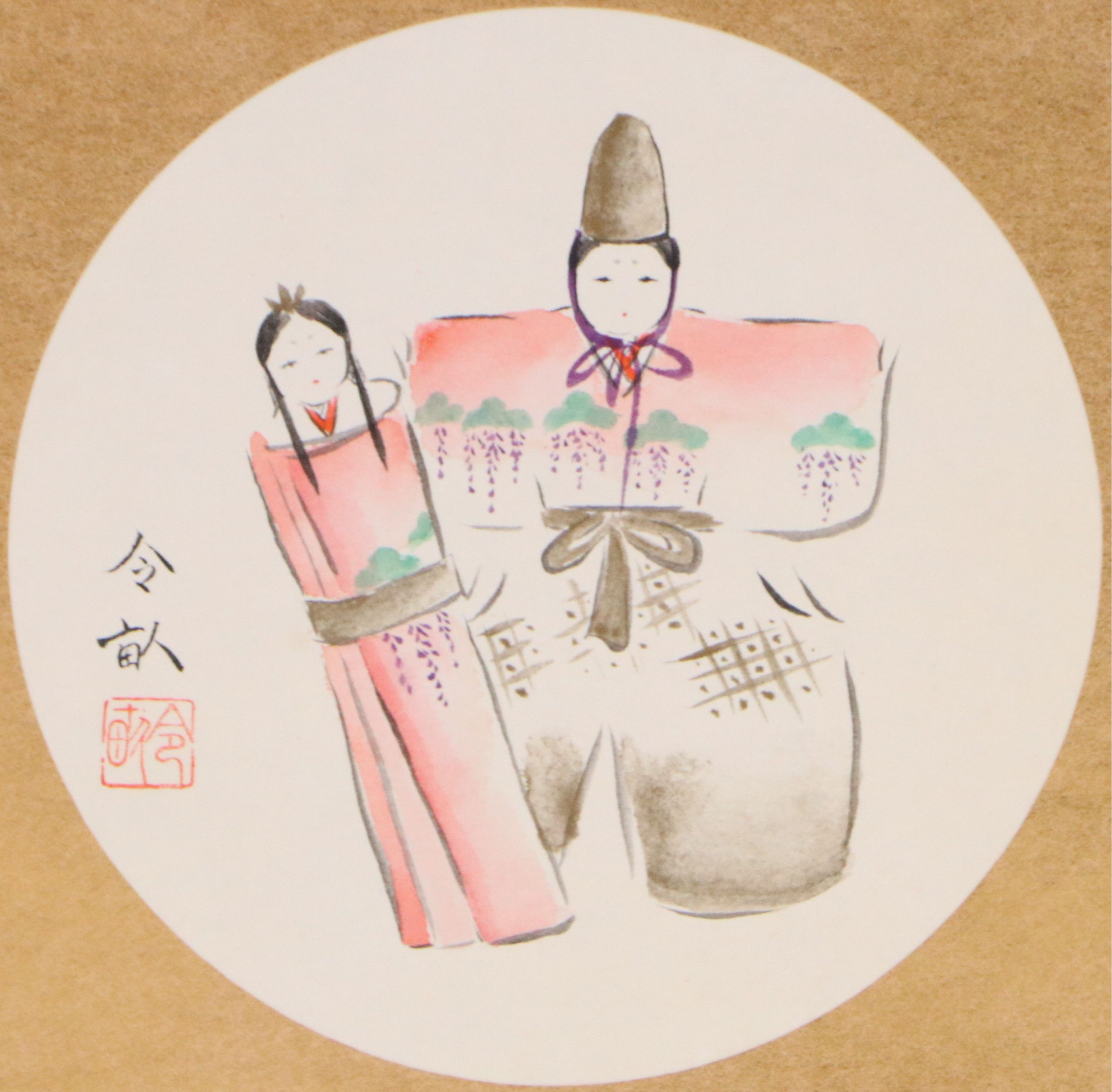 Japanese Reproduction Portrait Woodblocks with Watercolor Painting of Dolls