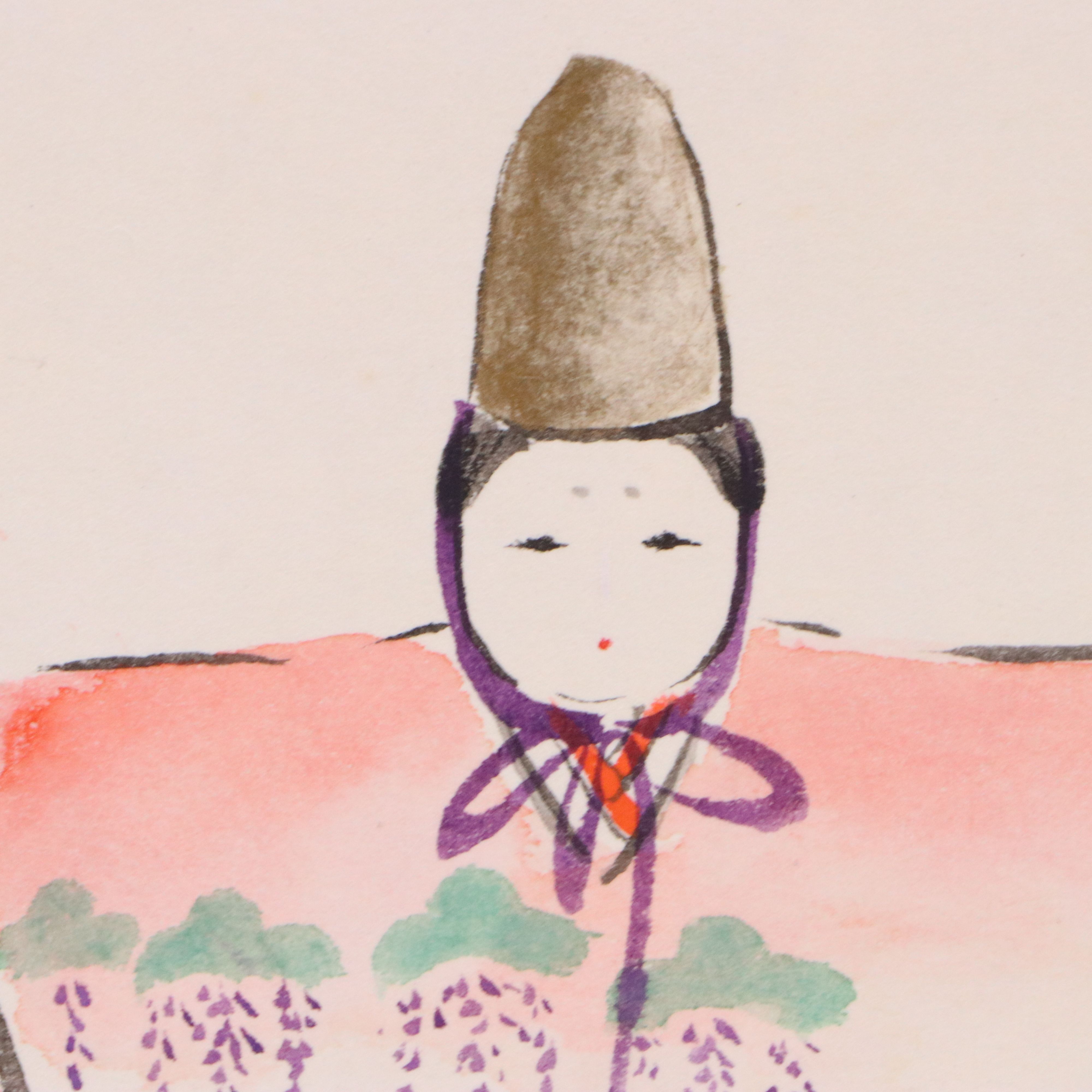 Japanese Reproduction Portrait Woodblocks with Watercolor Painting of Dolls