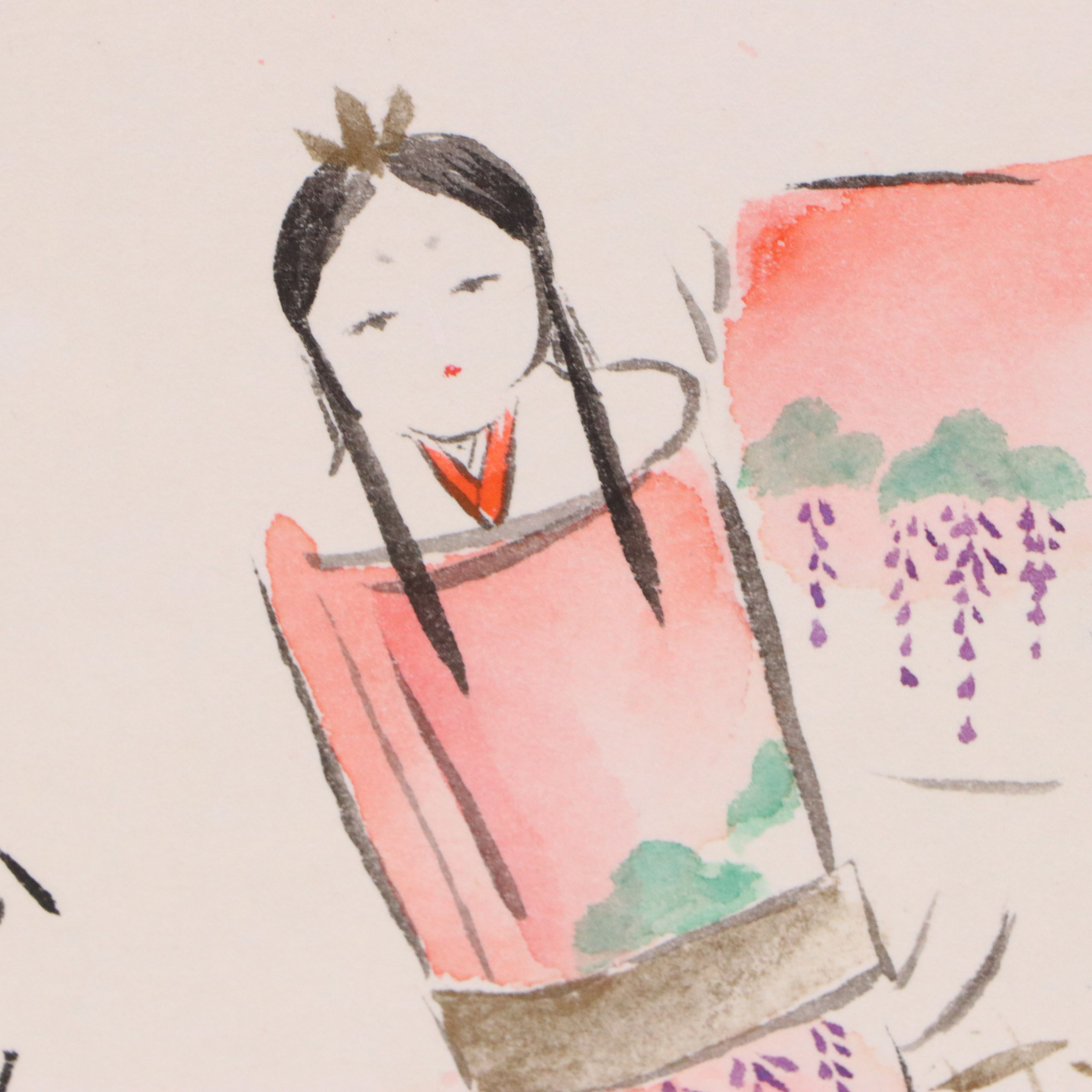 Japanese Reproduction Portrait Woodblocks with Watercolor Painting of Dolls