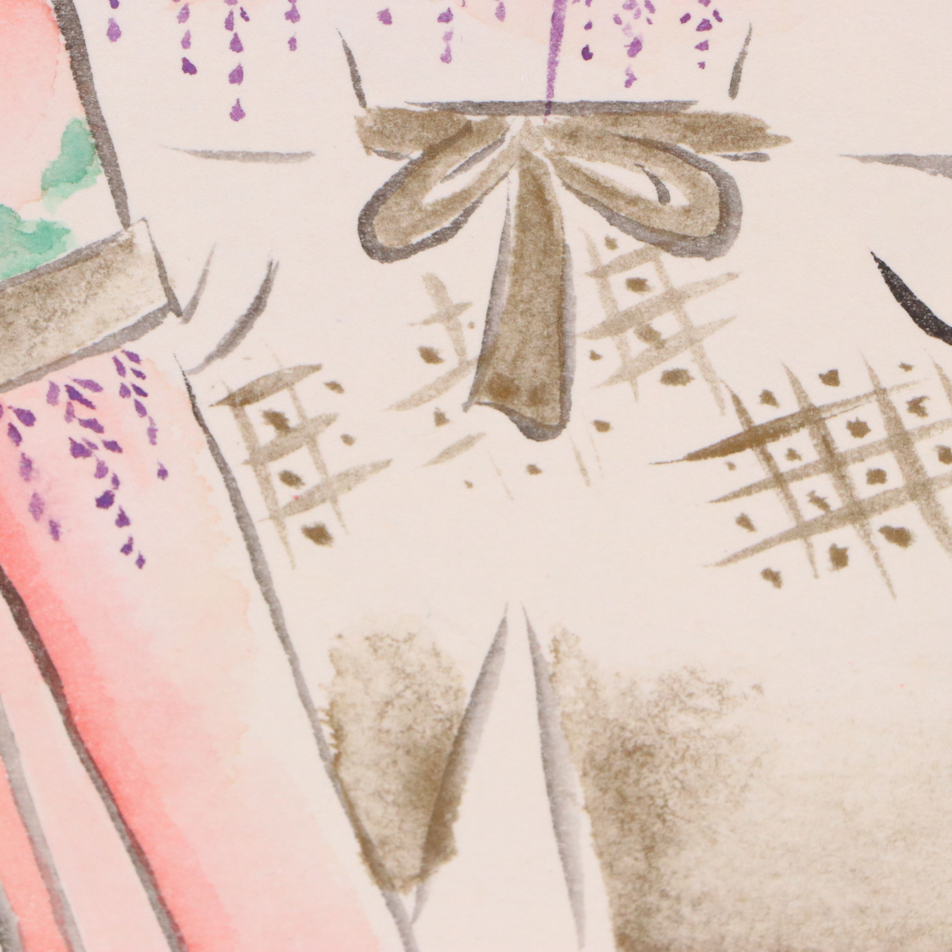 Japanese Reproduction Portrait Woodblocks with Watercolor Painting of Dolls