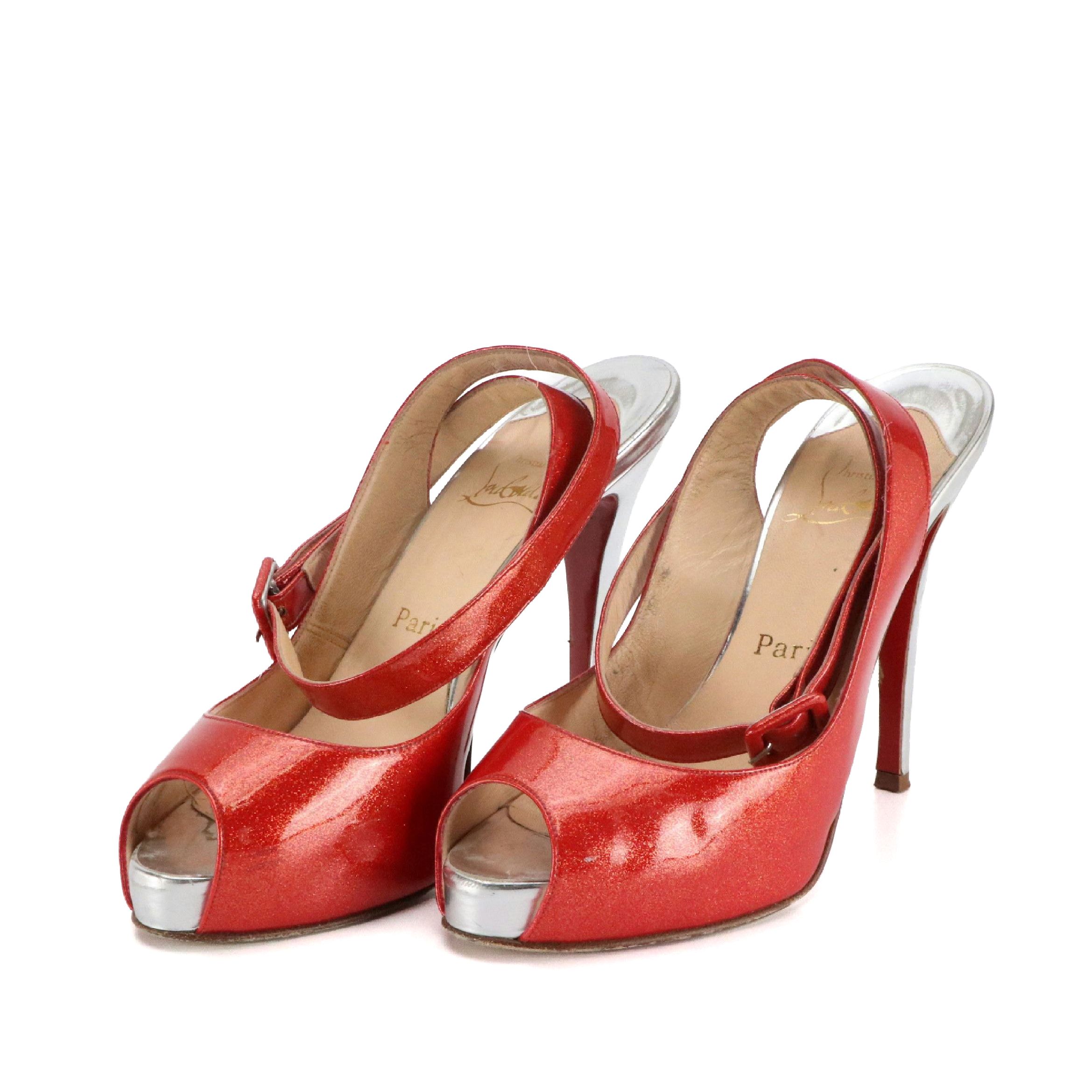 Christian Louboutin Peep Toe Ankle Strap Pumps in Red Glittered Patent Leather