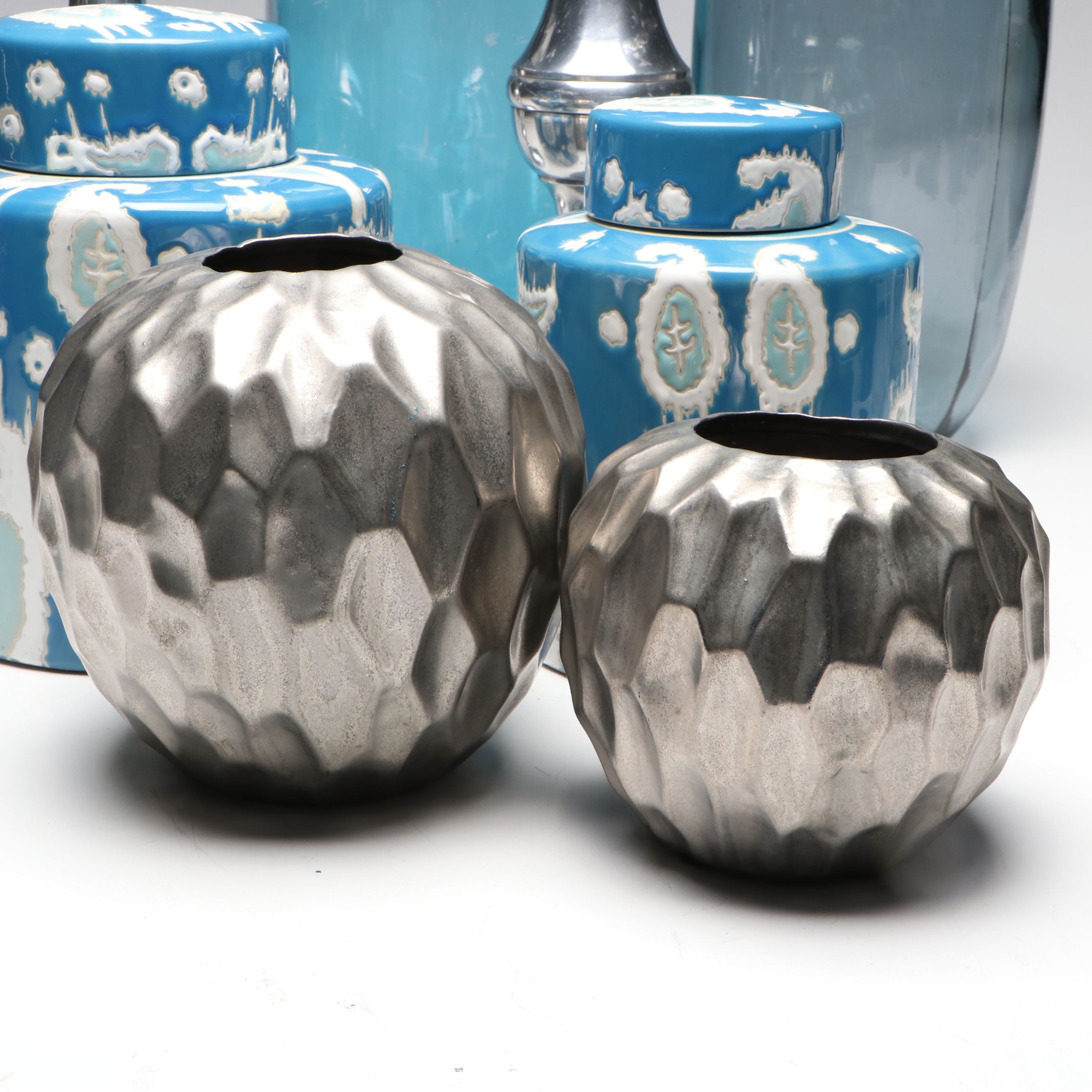 Glass Jug Vases with Ceramic Jars and Metal Candle Holders