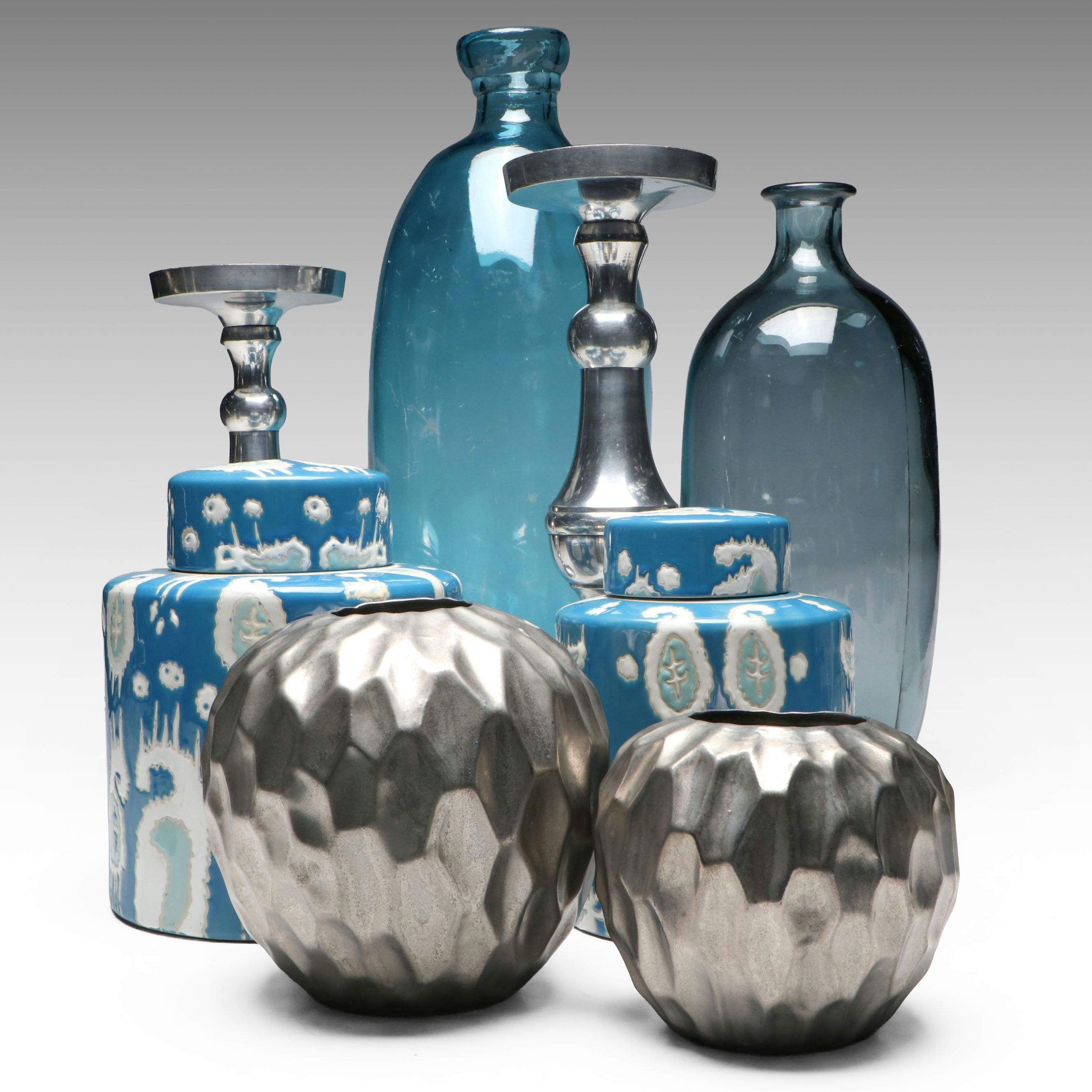 Glass Jug Vases with Ceramic Jars and Metal Candle Holders