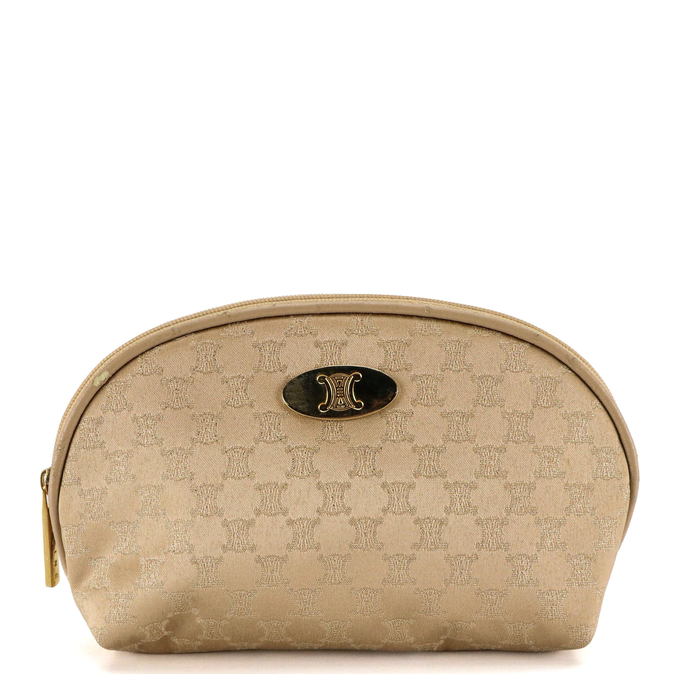 Celine Cosmetic Zip Pouch in Metallic/Champagne Macadam Satin
