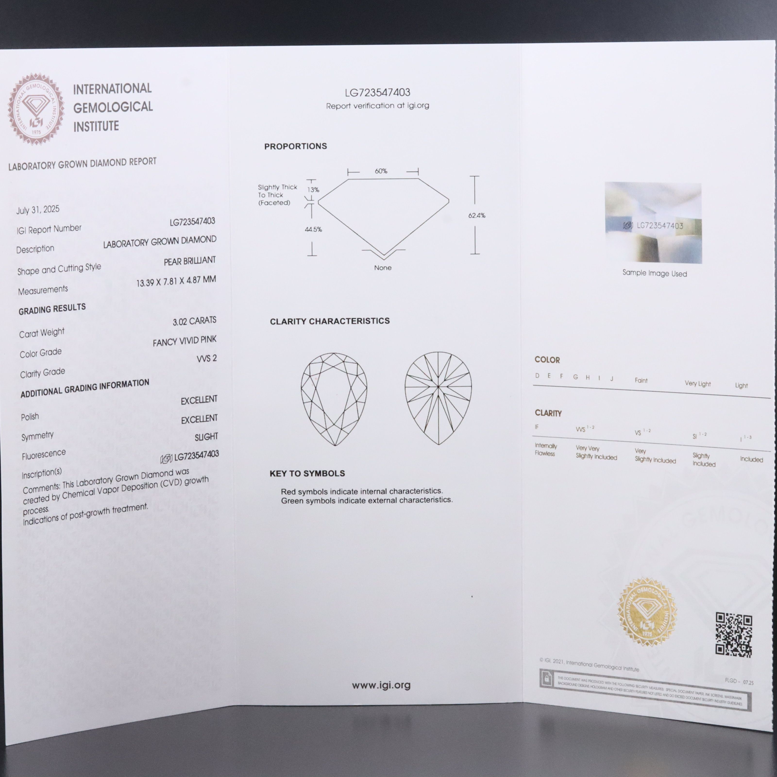 Loose 3.02 CT Lab Grown Fancy Vivid Pink Diamond with IGI Report