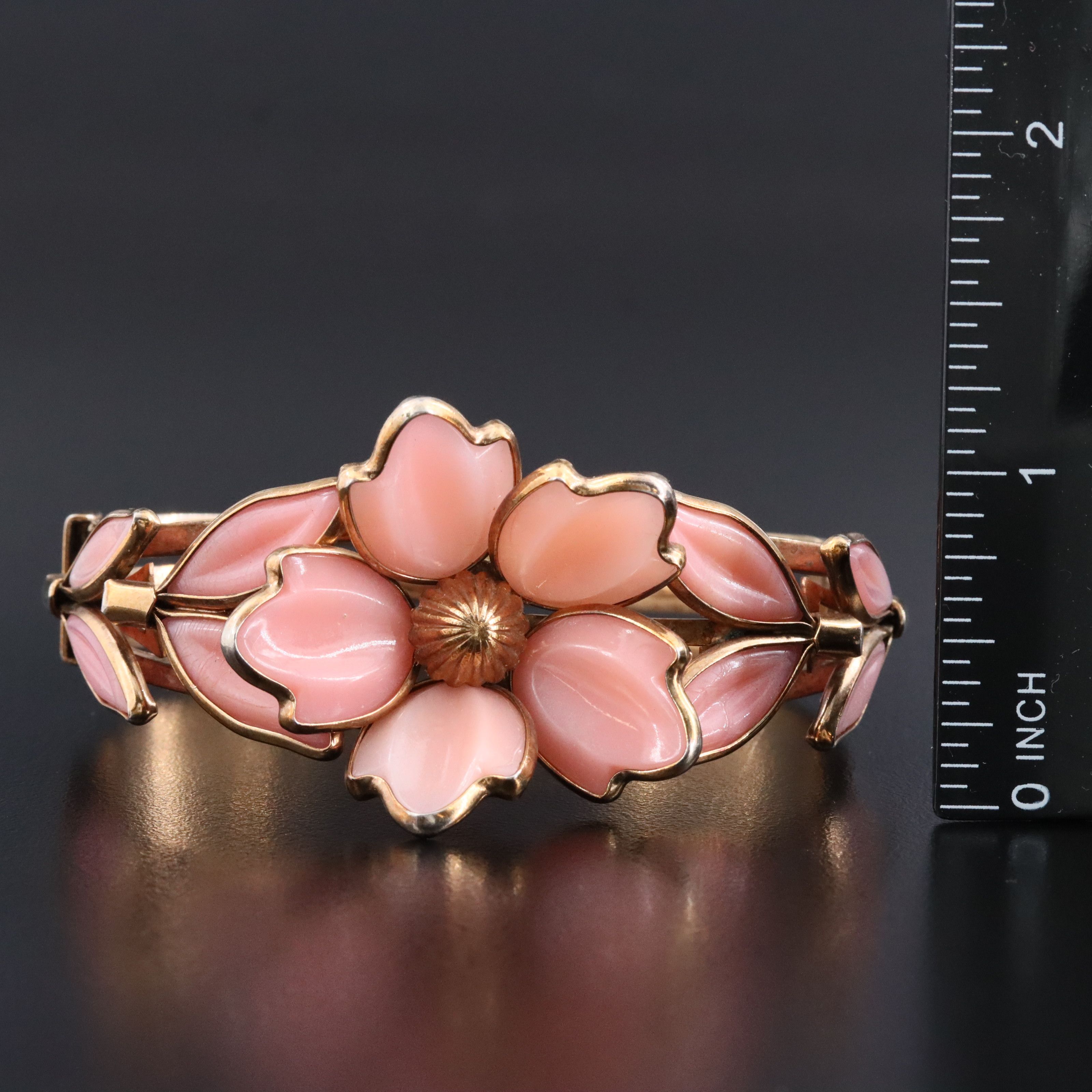 Crown Trifari Poured Glass Flower Bangle Bracelet and Earrings